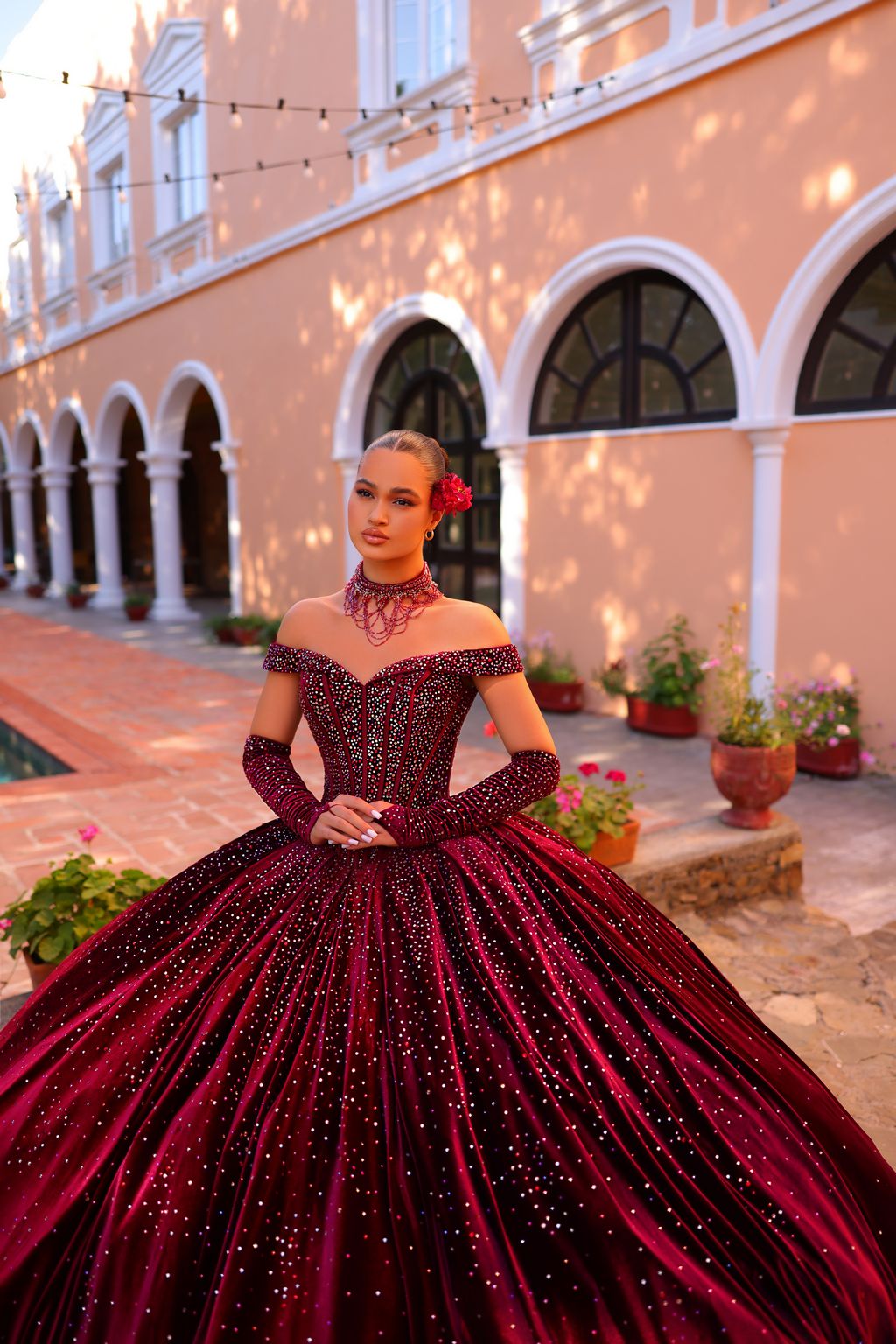 Quinceniera Dresses Long Beaded Velvet Ball Gown Quinceanera Dress Wine