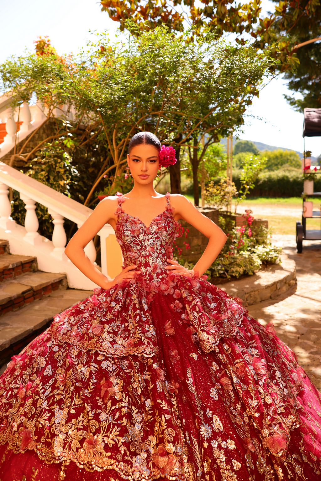 Quinceniera Dresses Long Glitter Print Ball Gown Quinceanera Wine/Gold