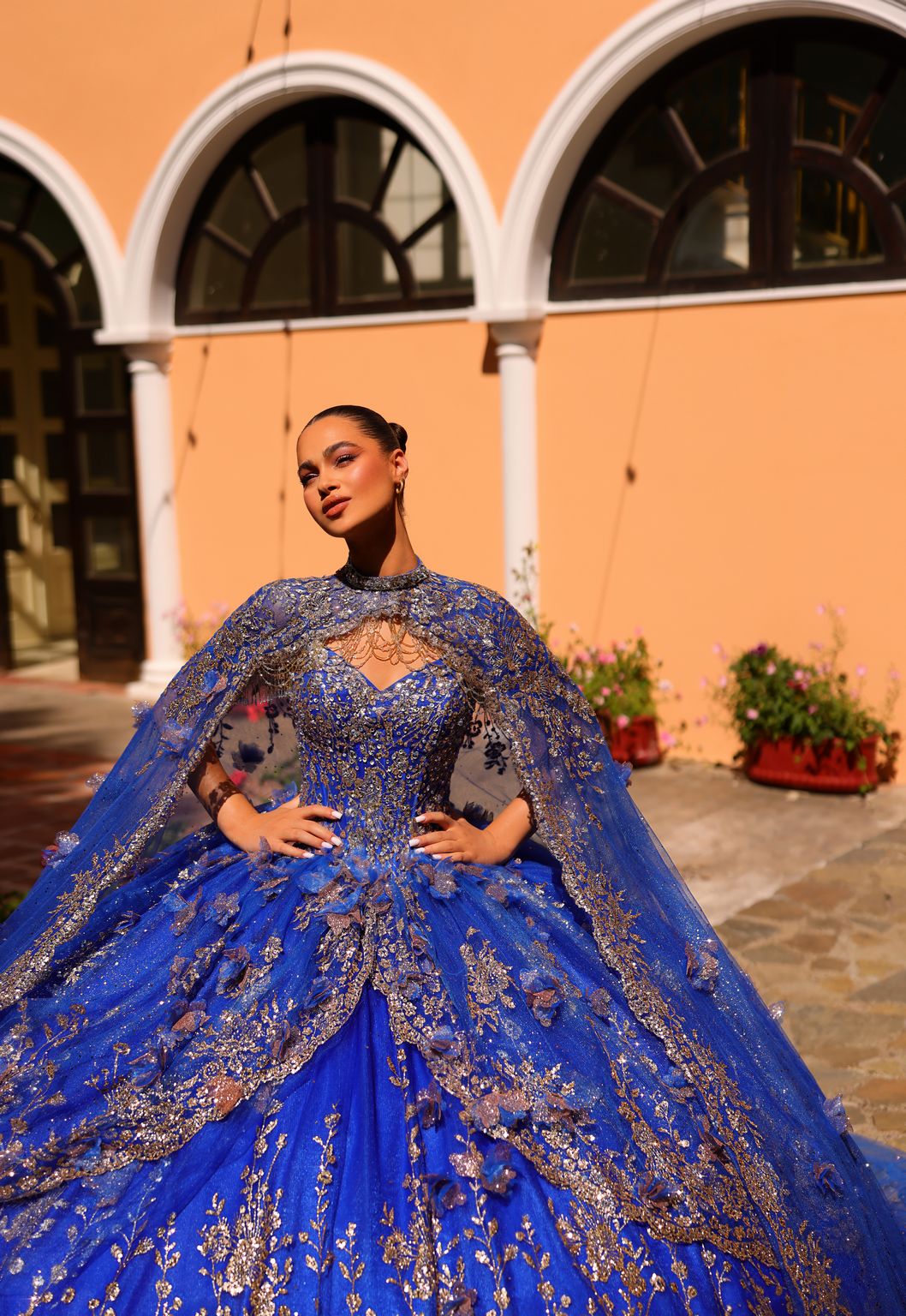 Quinceniera Dresses Long Ball Gown Glitter Detachable Cape Quinceanera Dress Royal Blue/Gold