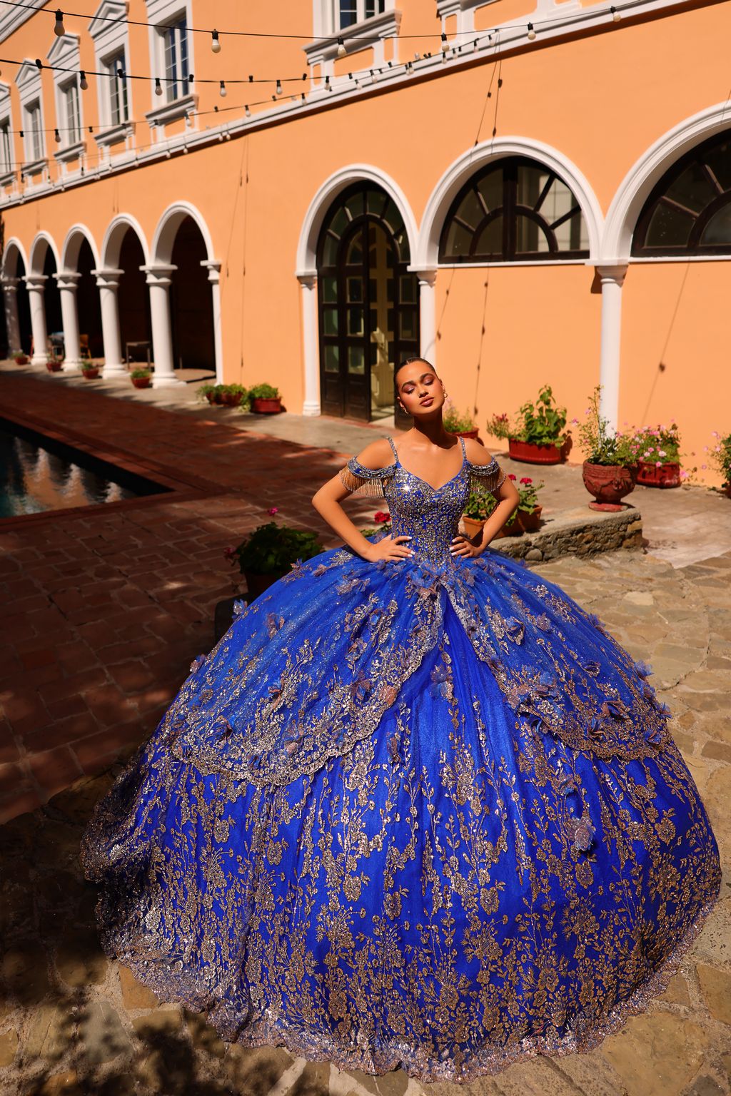 Quinceniera Dresses Long Ball Gown Glitter Detachable Cape Quinceanera Dress Royal Blue/Gold