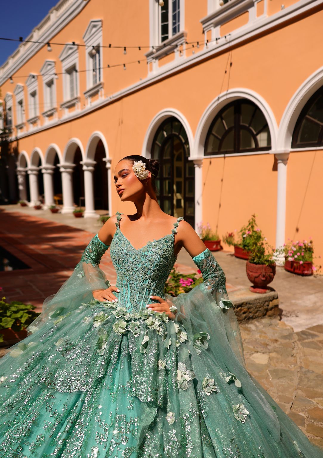 Quinceniera Dresses Long Ball Gown 3D Floral Applique Quinceanera Dress Sage