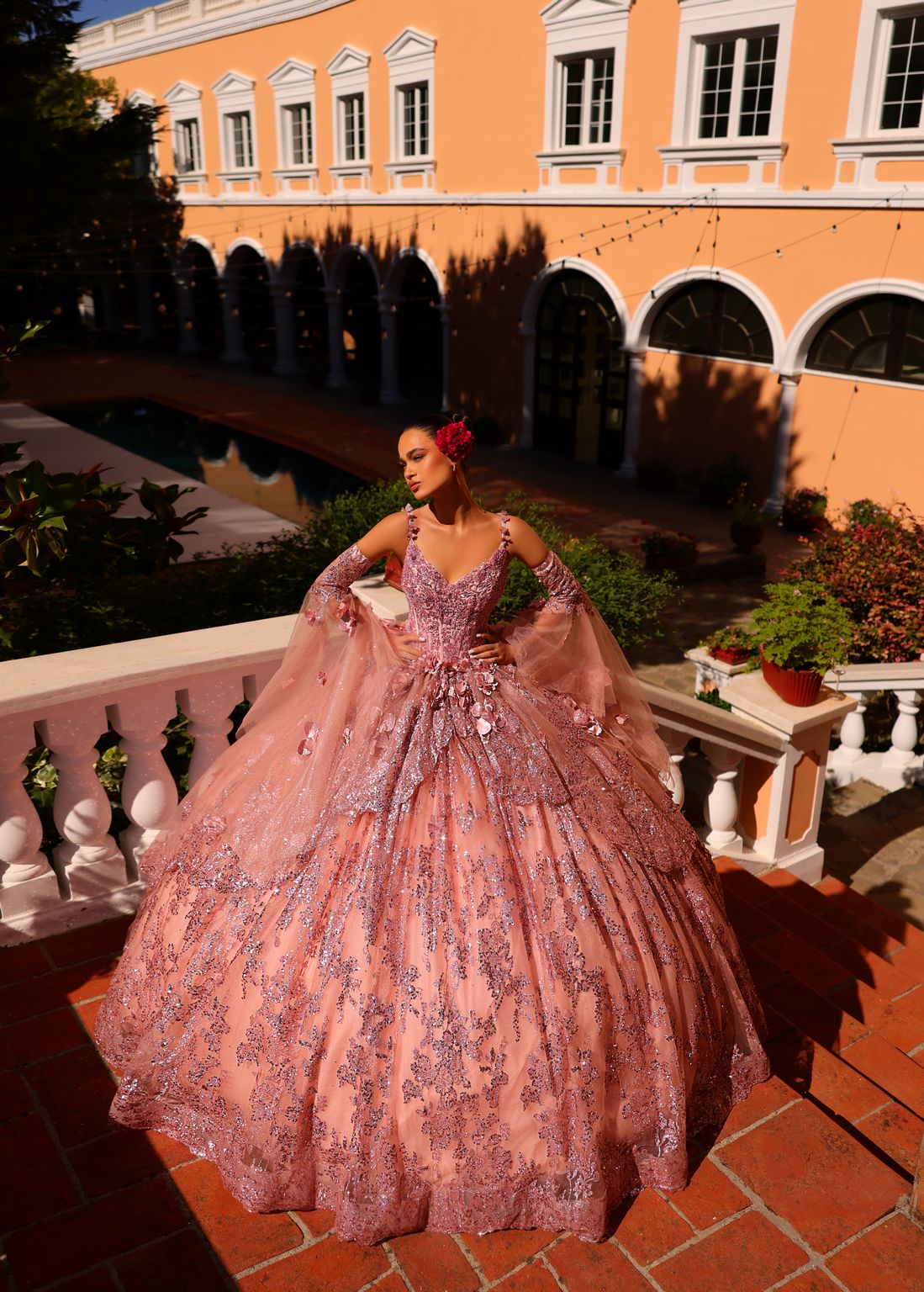 Quinceniera Dresses Long Ball Gown 3D Floral Applique Quinceanera Dress Rose Gold