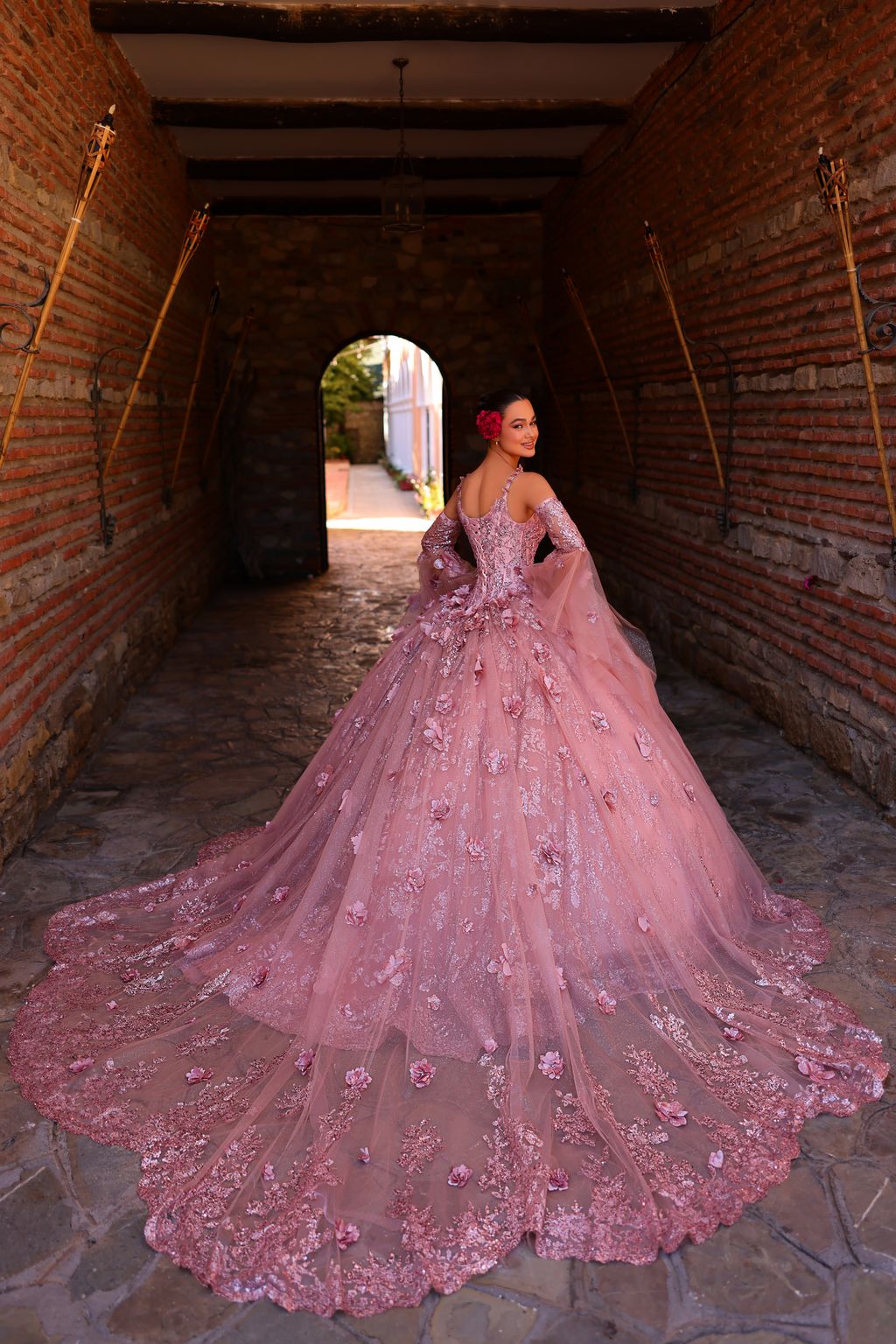 Quinceniera Dresses Long Ball Gown 3D Floral Applique Quinceanera Dress Rose Gold