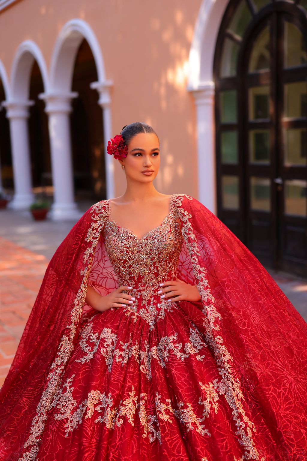 Quinceniera Dresses Long Sweet 16 Ball Gown Detachable Cape Quinceanera Dress Wine/Gold