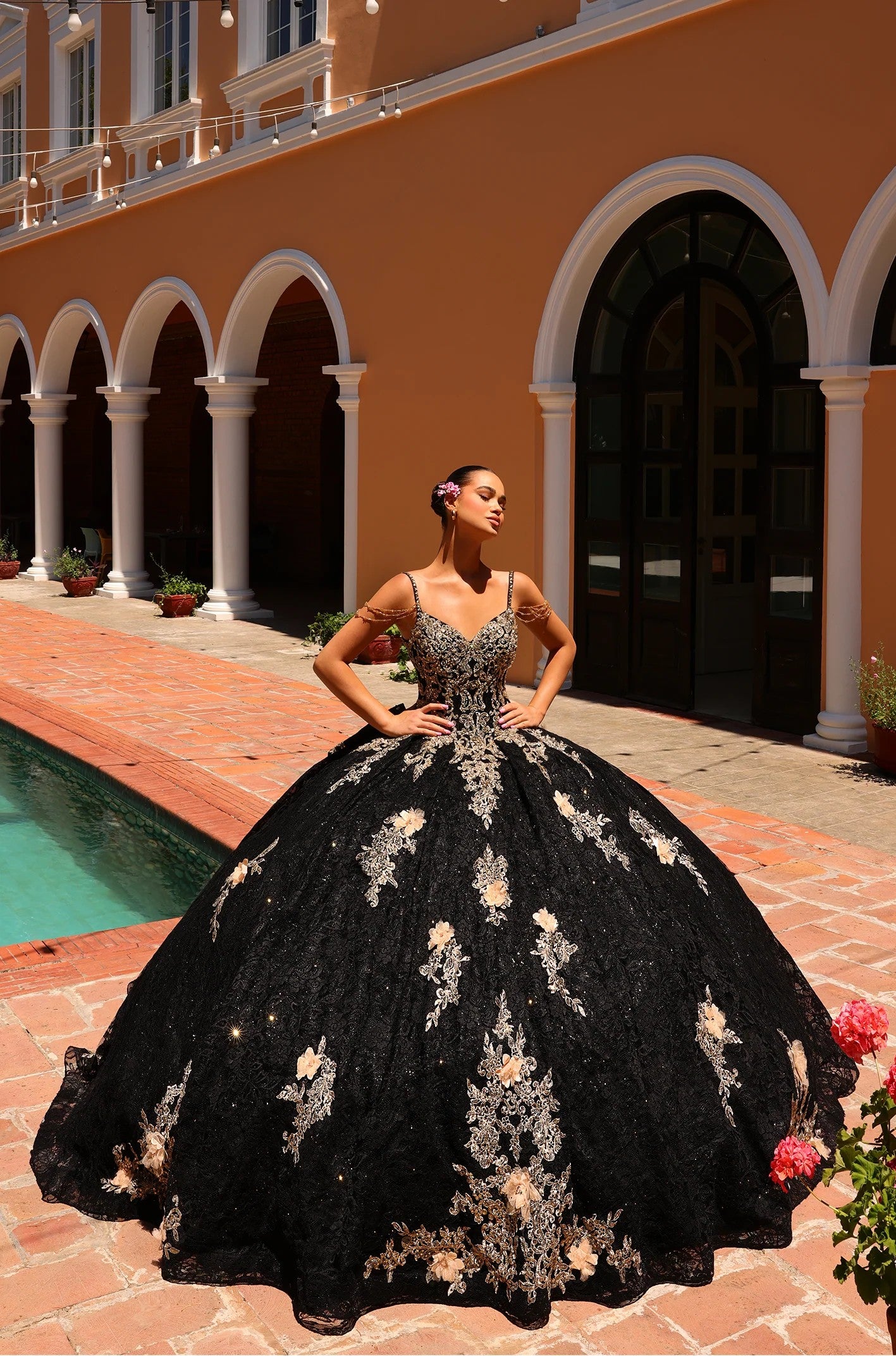 Quinceniera Dresses Long Beaded Floral Ball Gown Quinceanera Dress Black/Gold