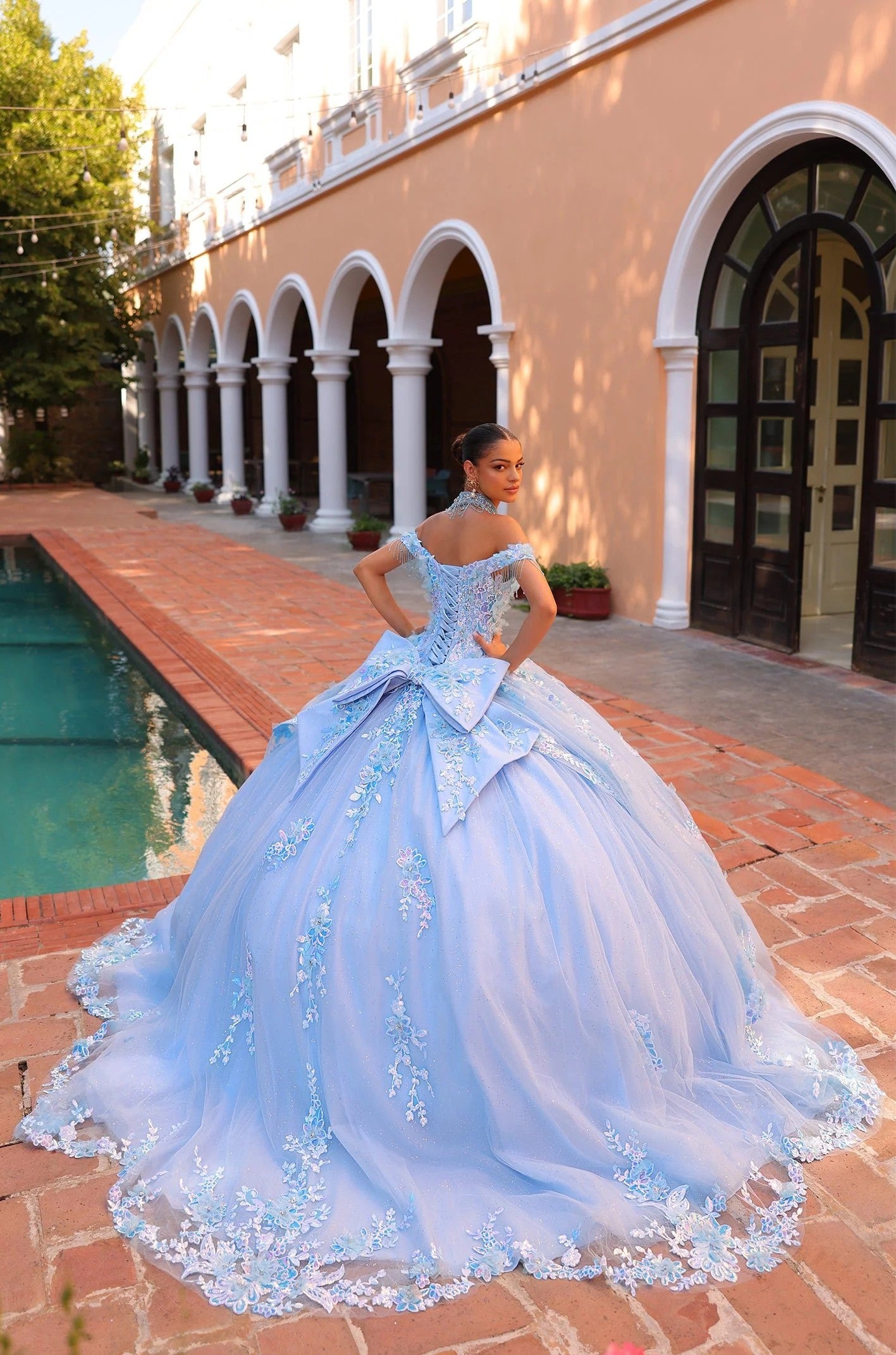 Quinceniera Dresses Long Ball Gown Sweet 16 Detachable Bow Quinceanera Dress Light Blue