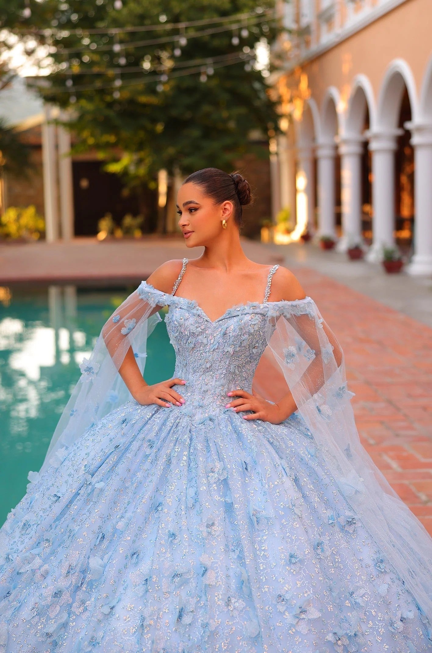 Quinceniera Dresses Long Ball Gown Cape Sleeve Quinceanera Dress Light Blue