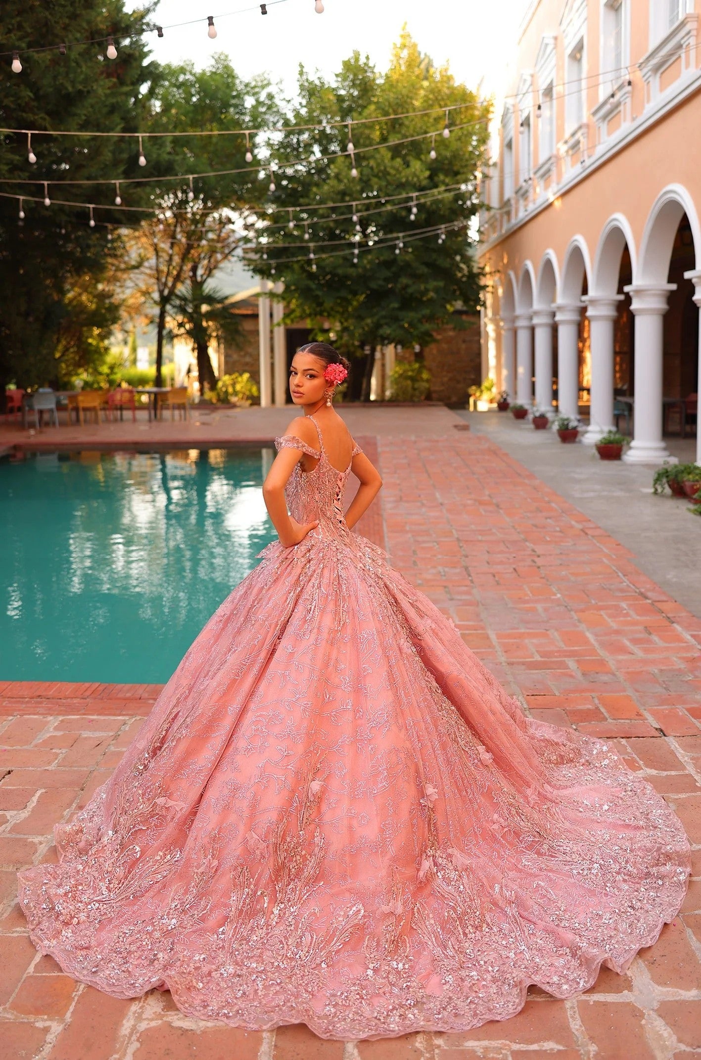 Quinceniera Dresses 3D Floral Applique Long Detachable Cape Quinceanera Dress Blush