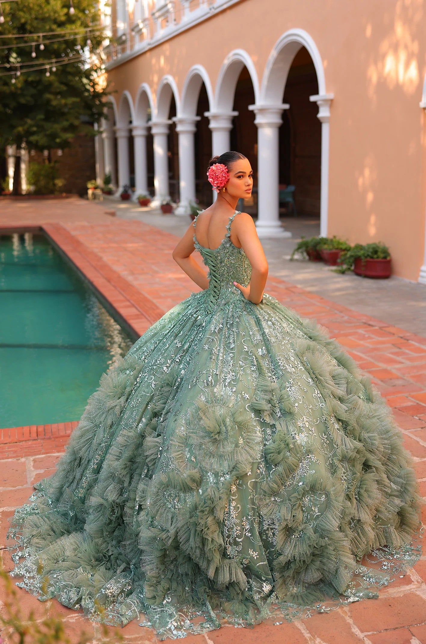 Quinceniera Dresses Ball Gown Long 3D Floral Applique Detachable Cape Quinceanera Dress Sage