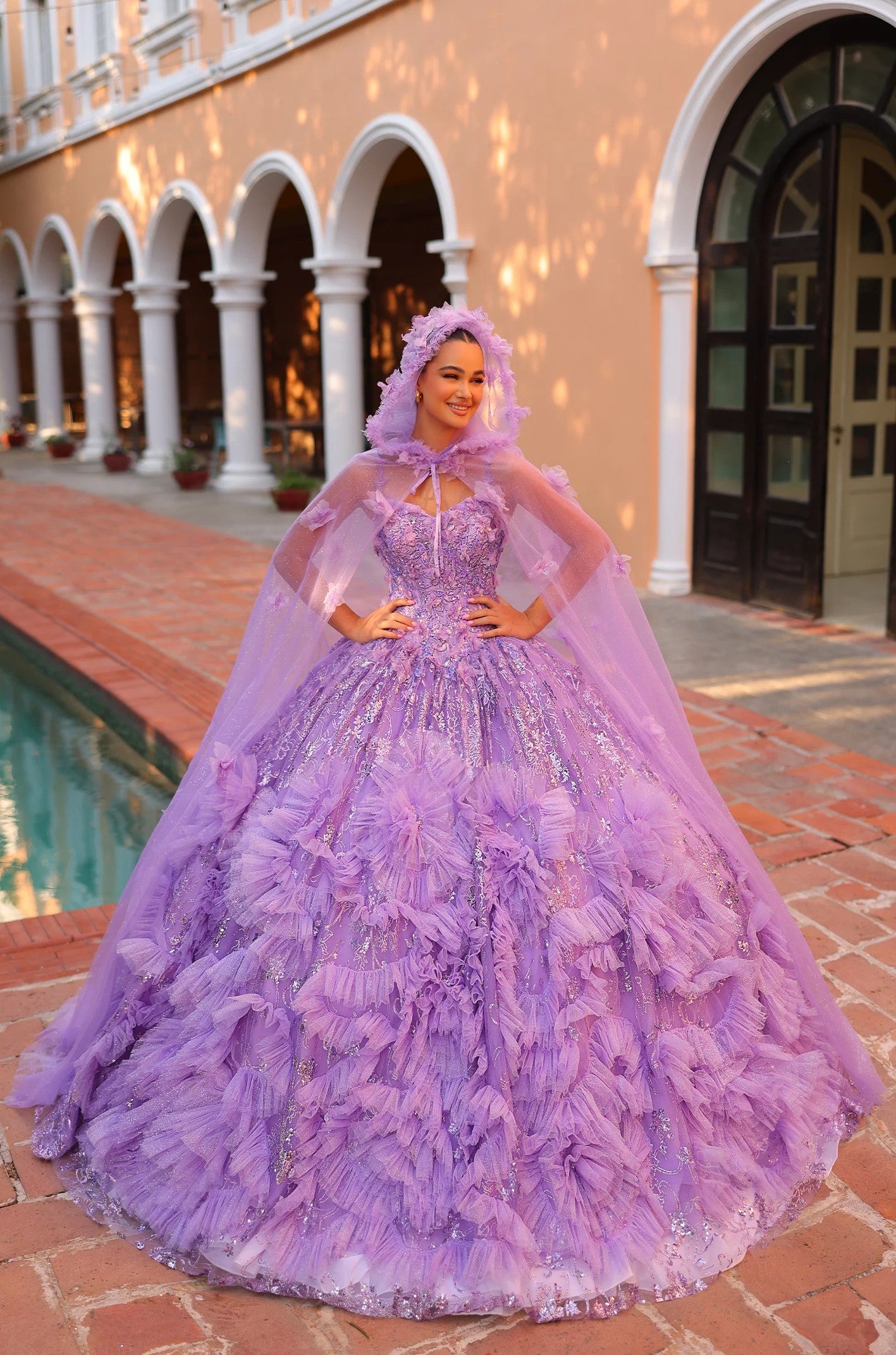 Quinceniera Dresses Ball Gown Long 3D Floral Applique Detachable Cape Quinceanera Dress Lilac