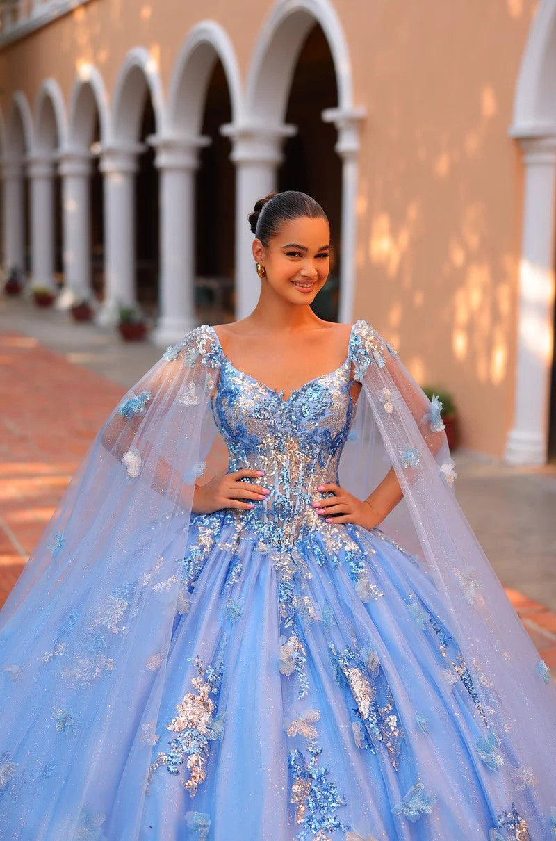 Quinceniera Dresses Floral Sequin Applique Long Ball Gown Cape Quinceanera Dress Bahama Blue/Multi