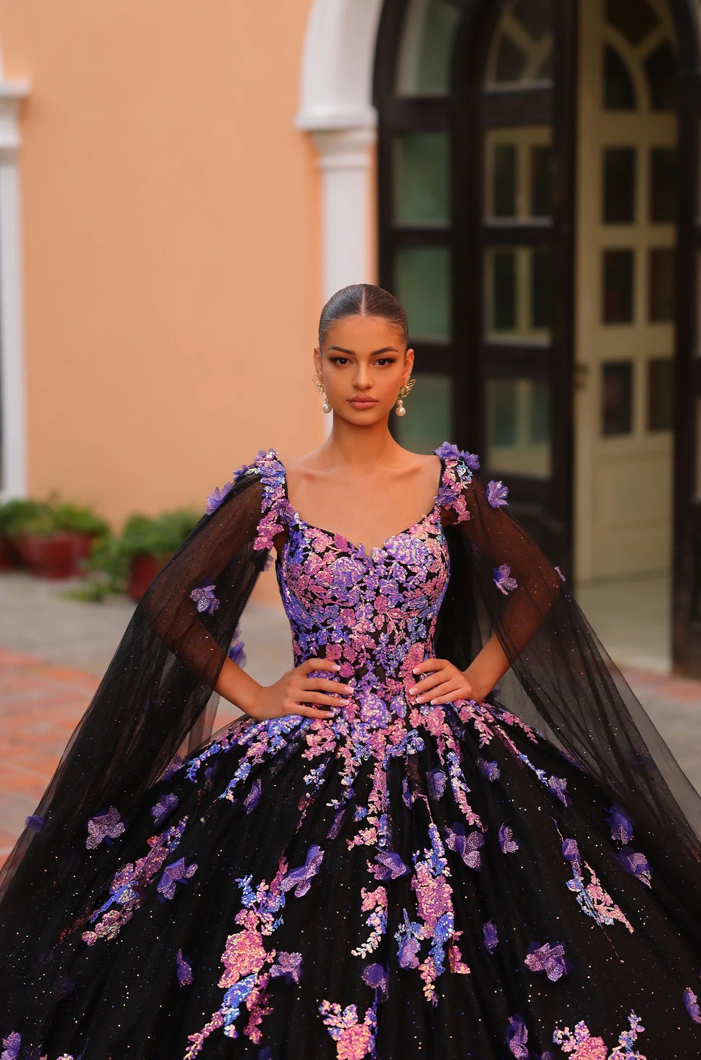 Quinceniera Dresses Floral Sequin Applique Long Ball Gown Cape Quinceanera Dress Black/Multi