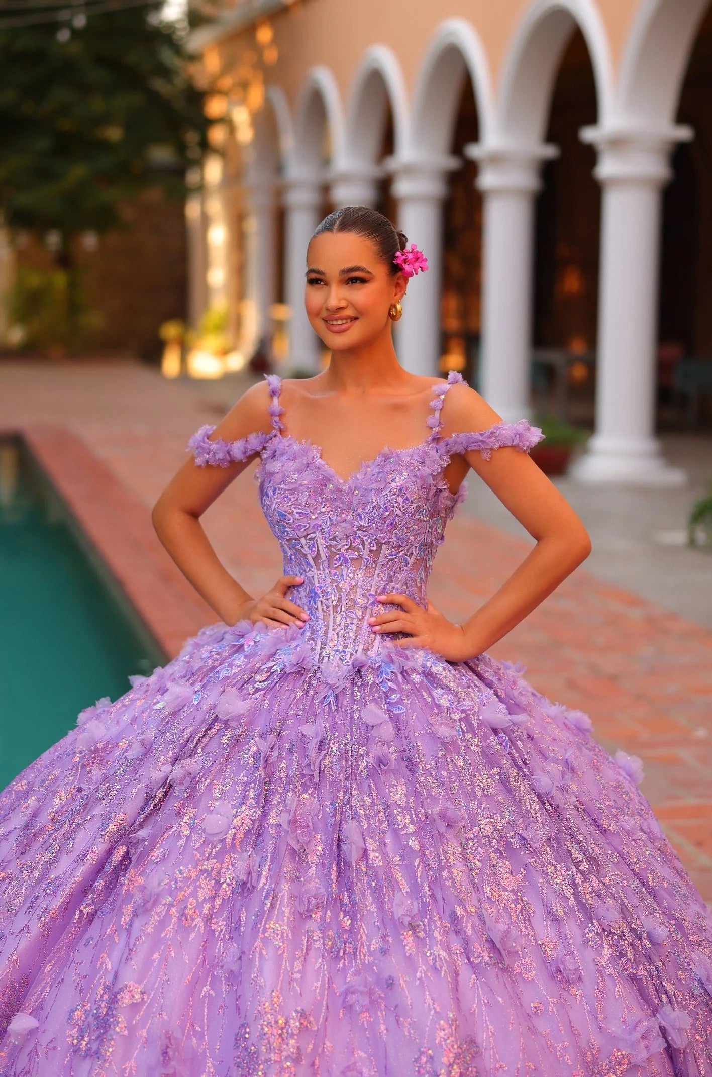 Quinceniera Dresses Long Ball Gown 3D Floral Detachable Hooded Cape Quinceanera Dress Lilac