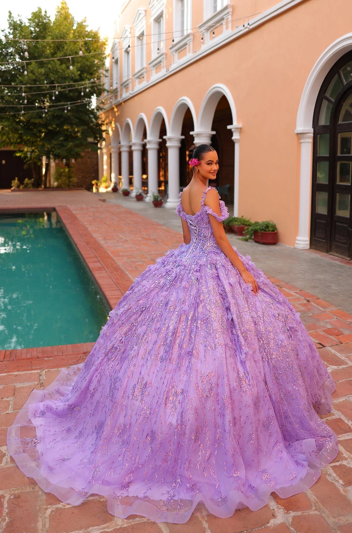 Quinceniera Dresses Long Ball Gown 3D Floral Detachable Hooded Cape Quinceanera Dress Lilac