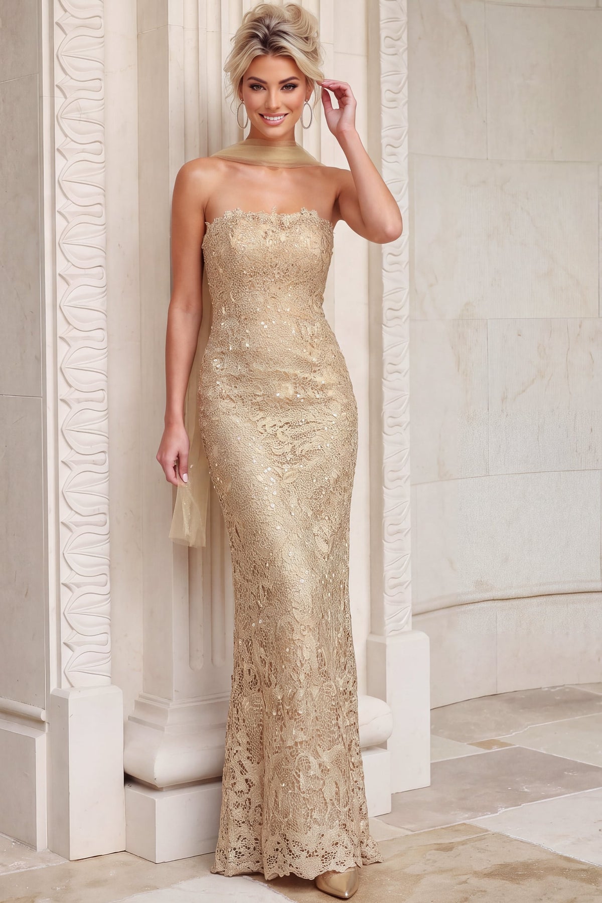 Strapless Curved Neck Floor-Length Lace Formal Mermaid Jovani 54330