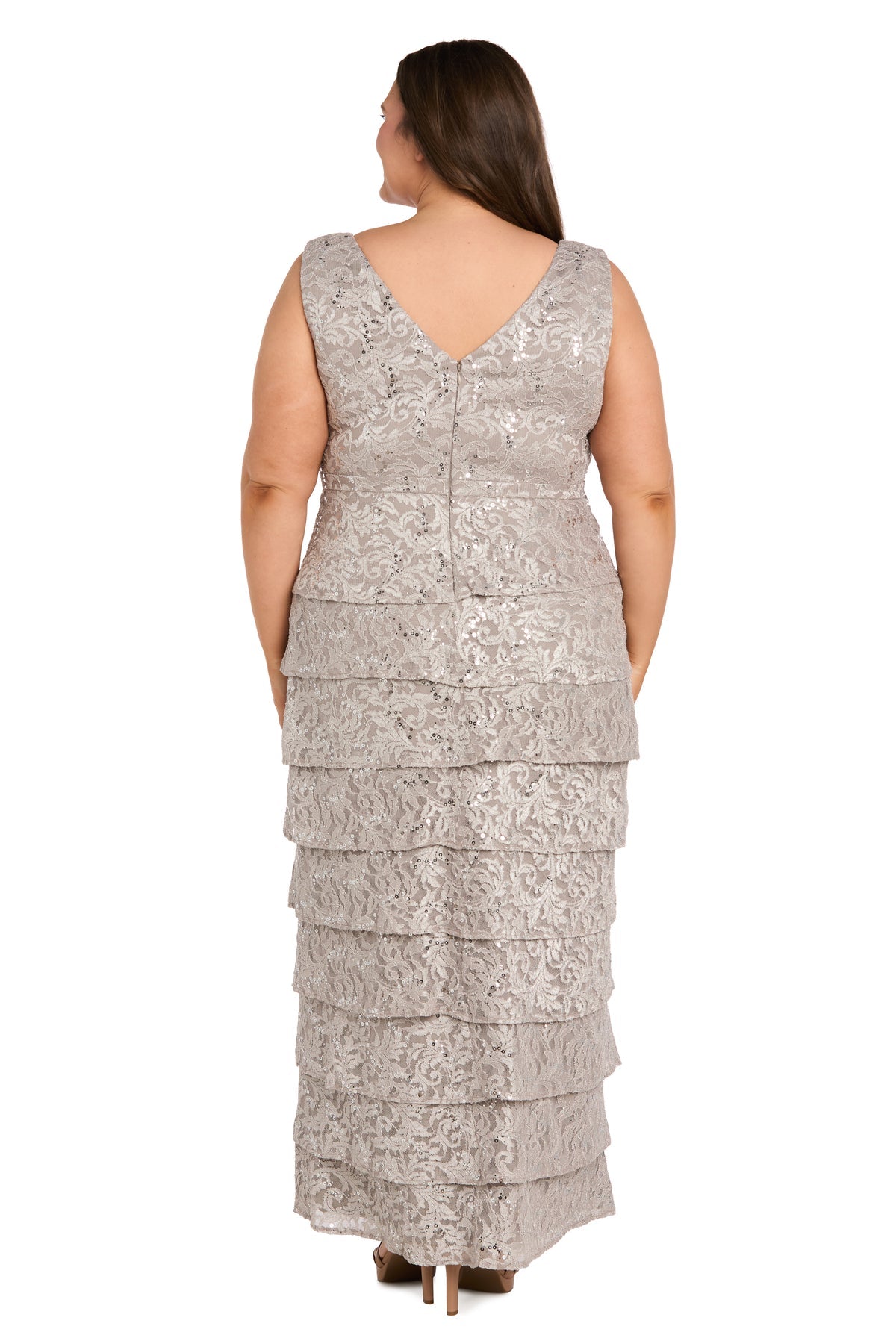 Champagne R&M Richards 5465W Scoop-Neck Floor-Length Lace Evening Sequined Gown