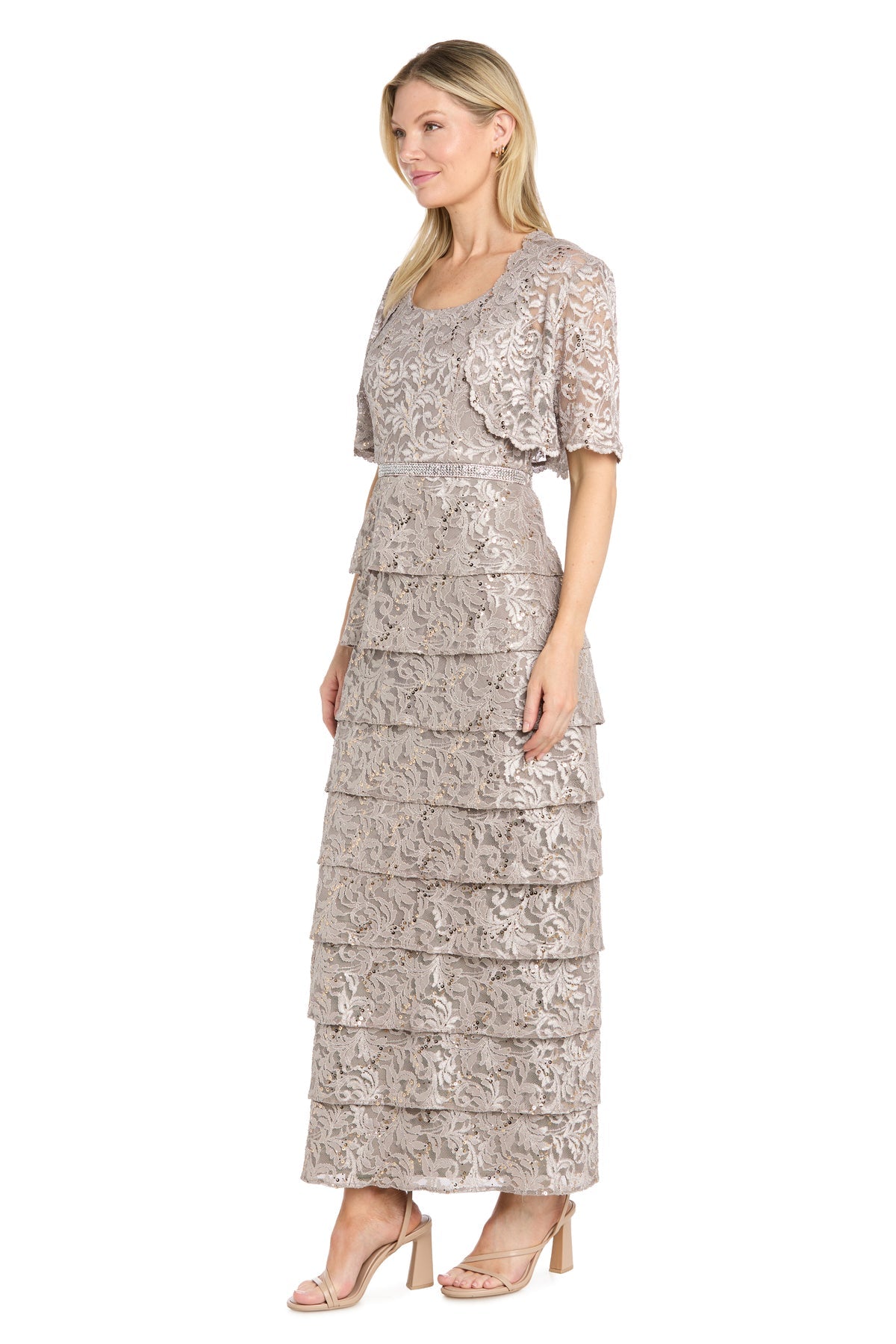 Champagne R&M Richards 5465 Scoop-Neck Floor-Length Lace Mother of the Bride Sequined Gown
