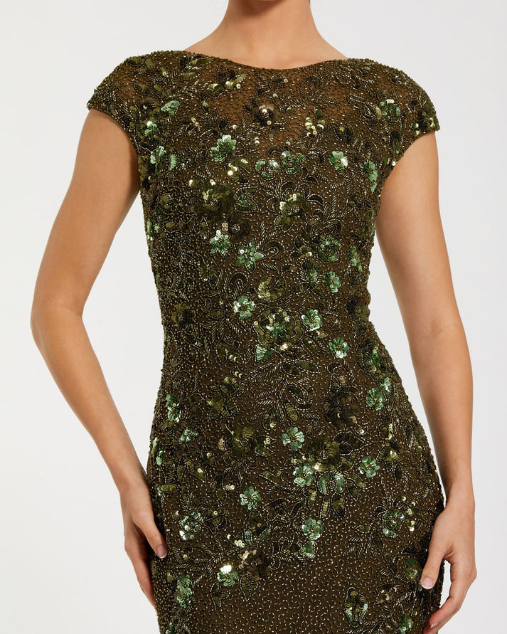 Formal Dresses Long Cap Sleeve Fitted Formal Dress Olive