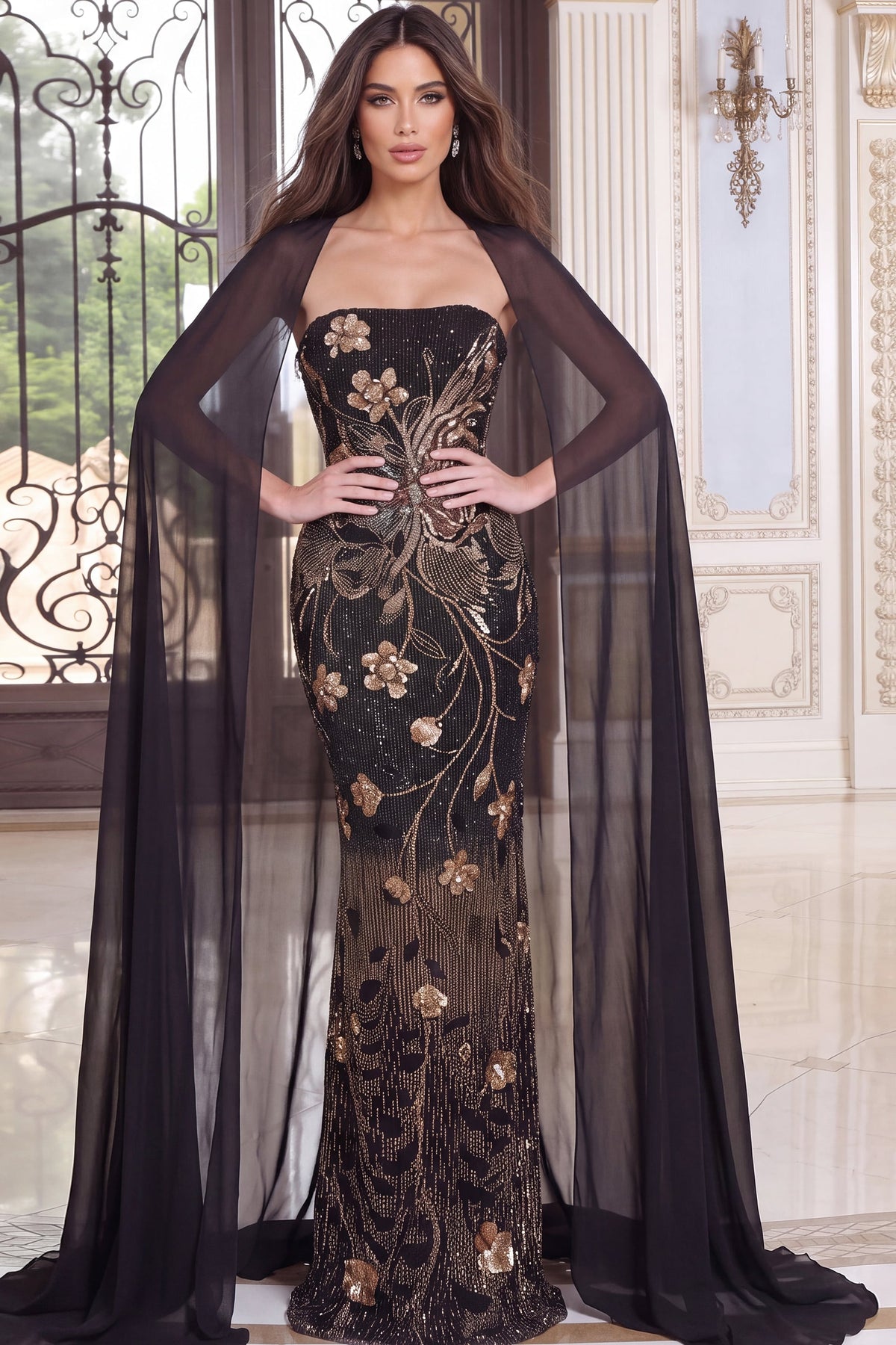 Strapless Curved Neck Floor-Length Sequin Occasion Mermaid Jovani 55052