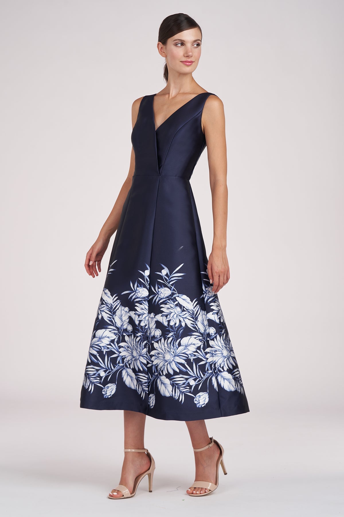 Tea-Length Mikado Floral Cocktail Dress Kay Unger 55111467