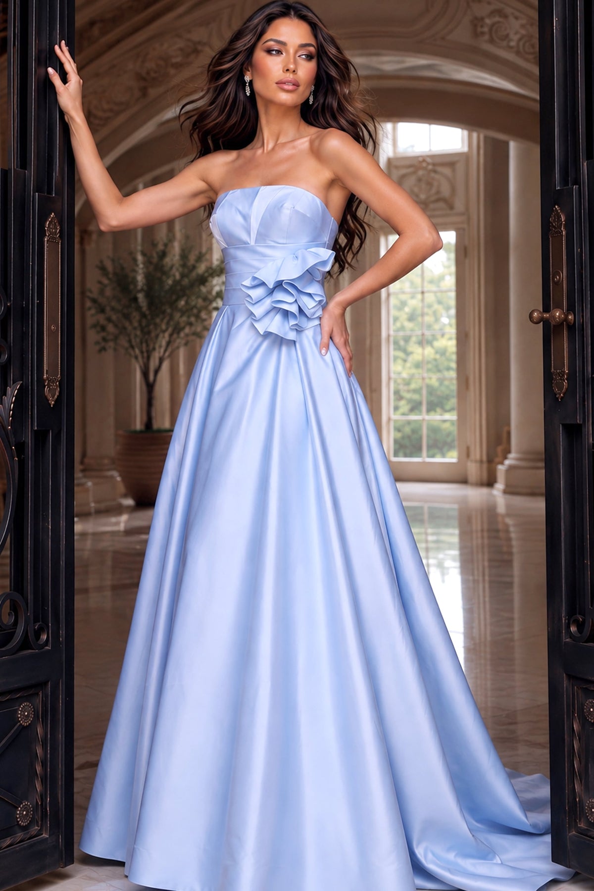 Strapless Curved Neck Floor-Length Satin Occasion Ball Gown Jovani 55121