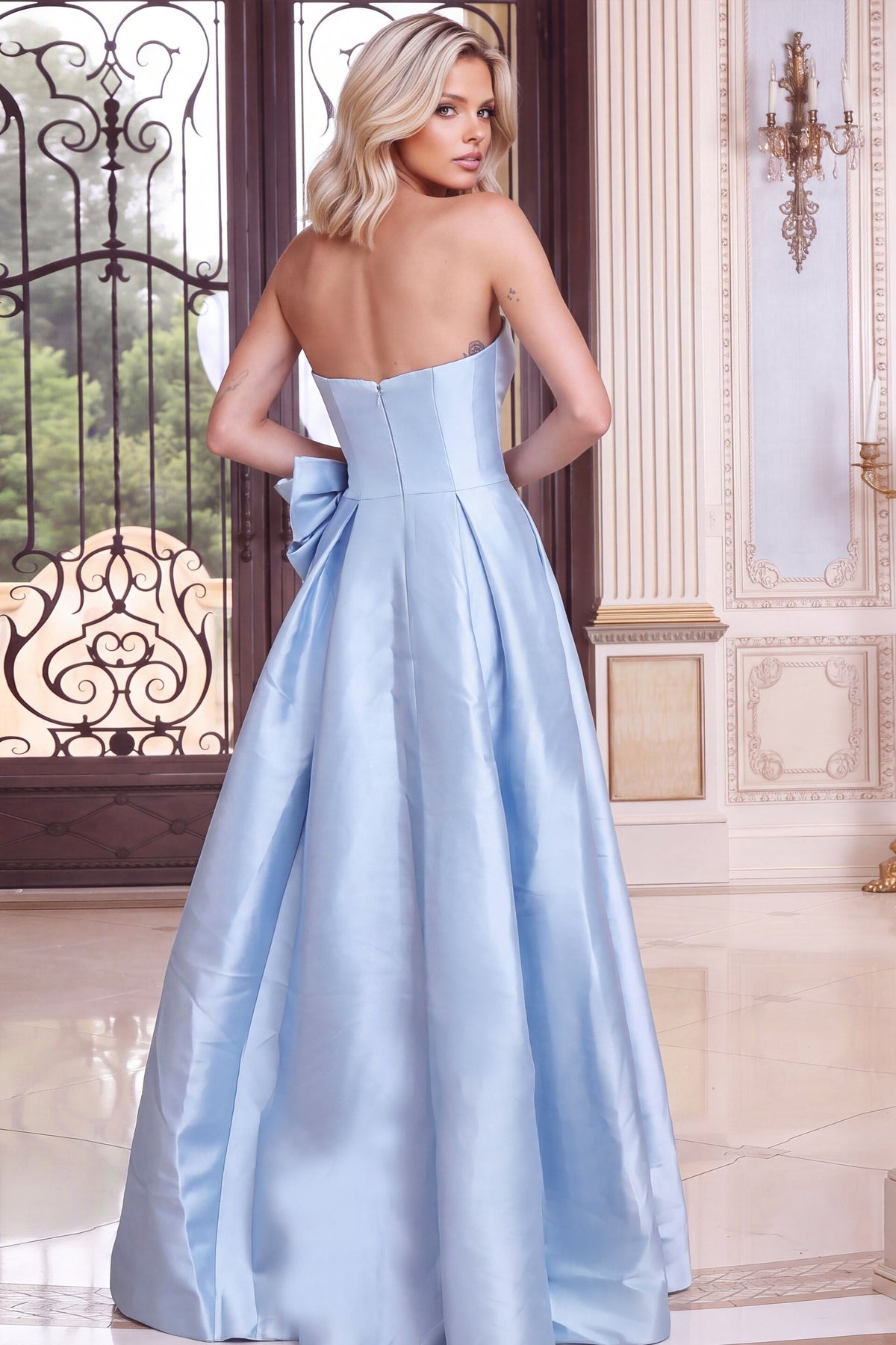 Strapless Curved Neck Floor-Length Satin Occasion Ball Gown Jovani 55121