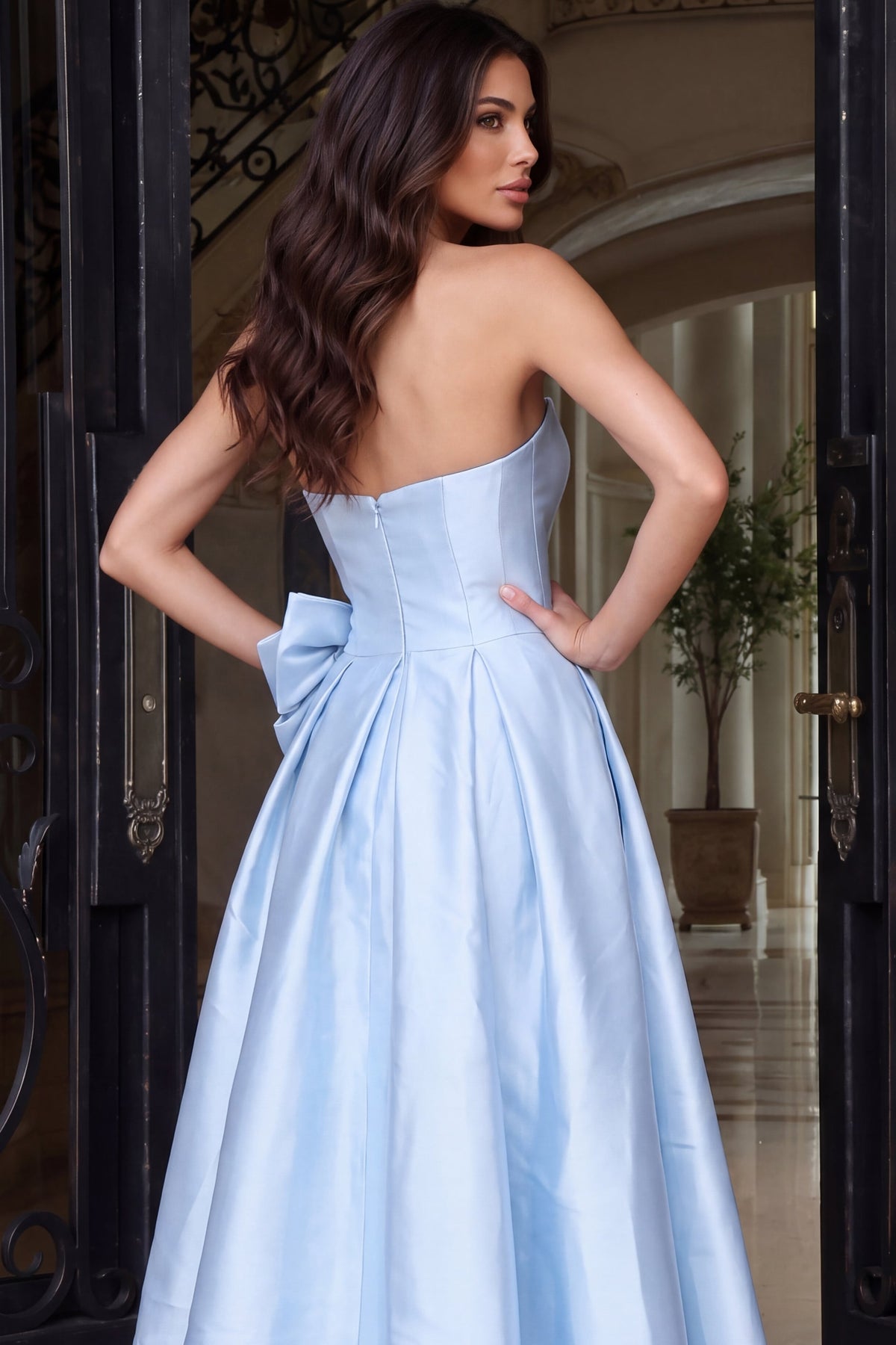 Strapless Curved Neck Floor-Length Satin Occasion Ball Gown Jovani 55121