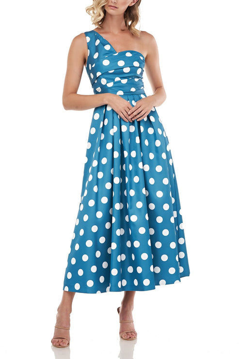 Cocktail Dresses Pleated Polka Dot A Line Cocktail Tea Length Dress Persian Blue White