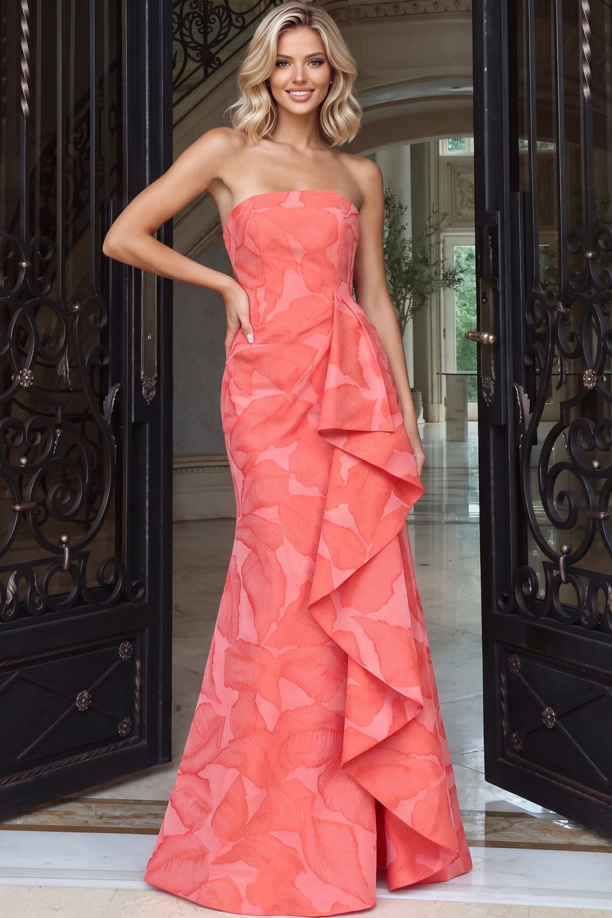 Strapless Curved Neck Floor-Length Satin Occasion Mermaid Jovani 55154