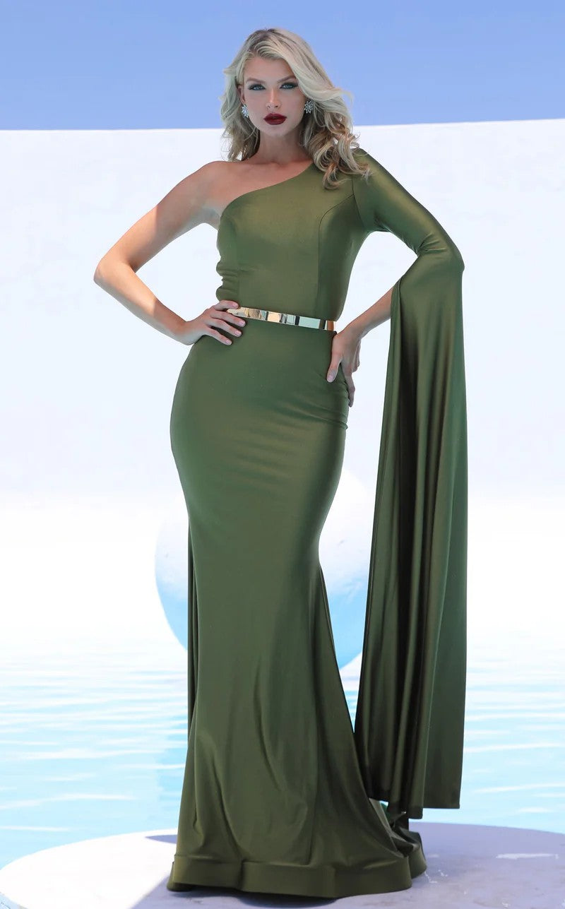 Formal DressesFitted Long Formal Metallic Belt Evening Dress Olive