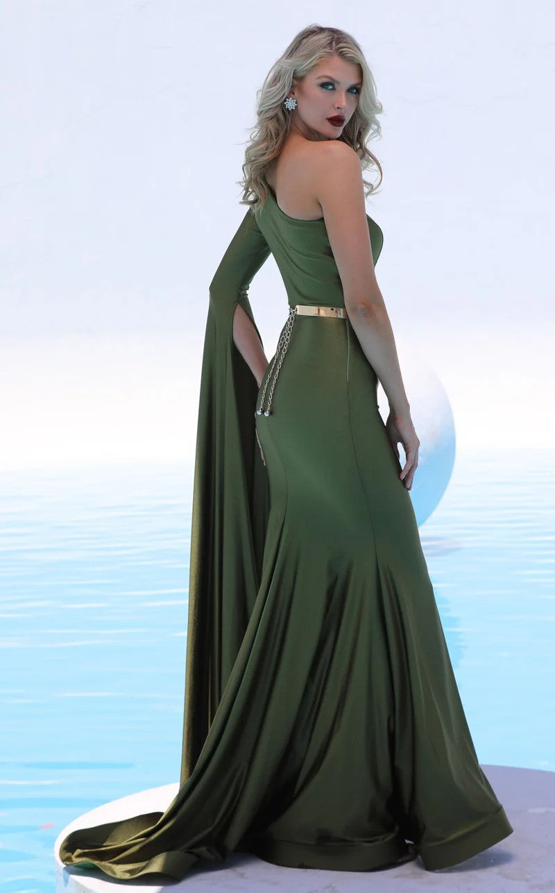 Formal DressesFitted Long Formal Metallic Belt Evening Dress Olive