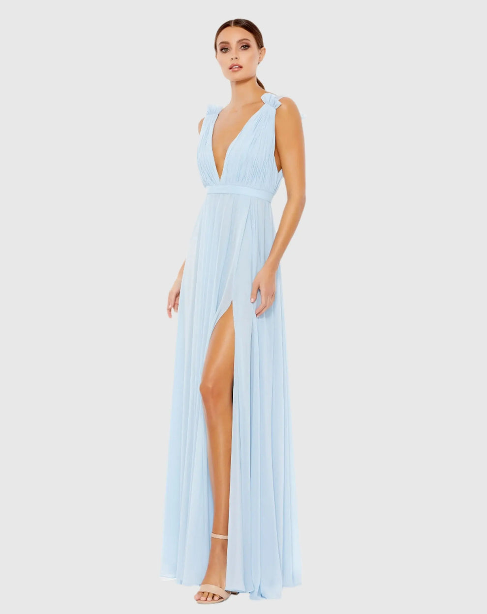 Prom Dresses Long Formal Pleated Slit Petite Prom Dress Mac Duggal 9955321P Powder Blue