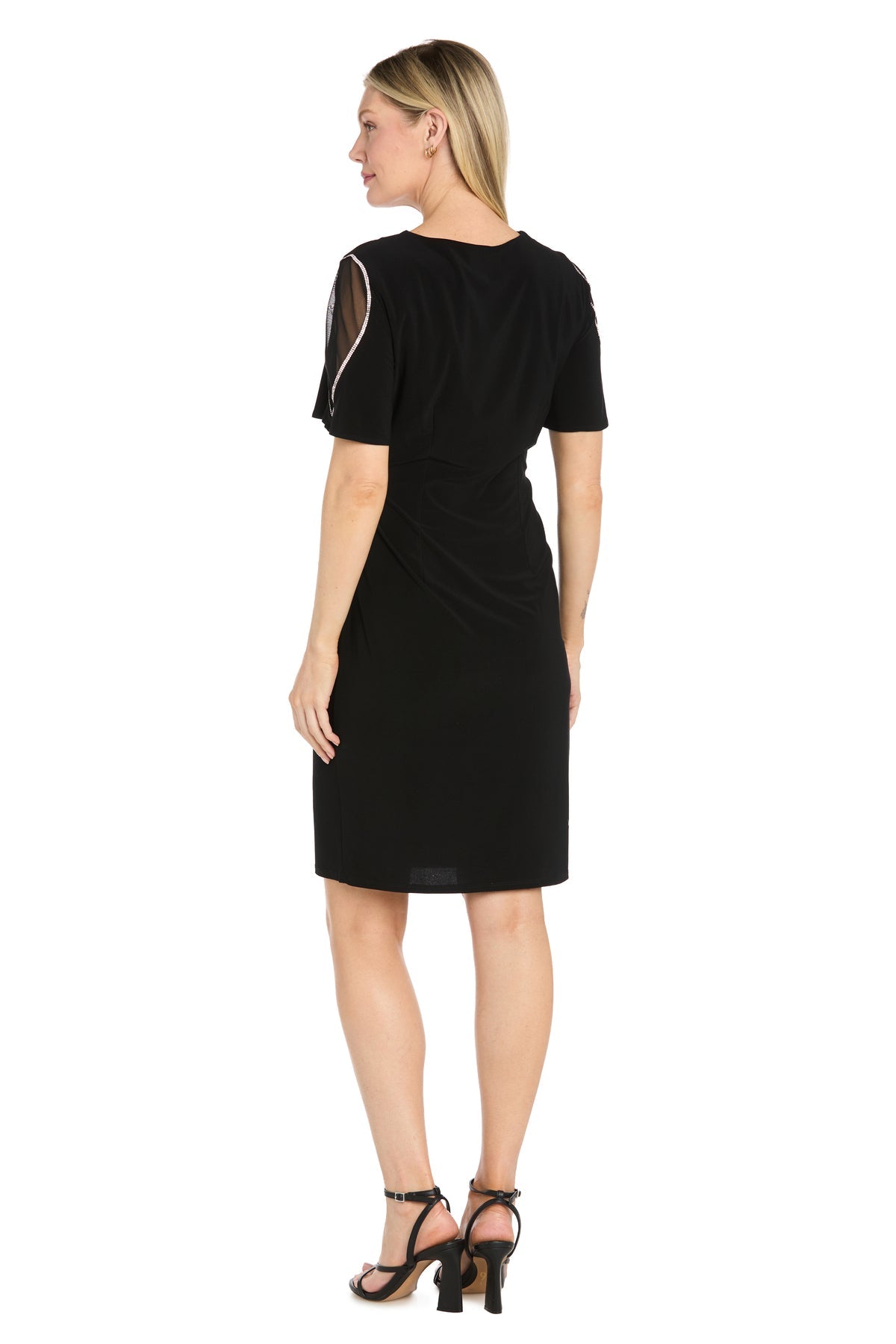 Black R&M Richards 5556 V-Neck Knee-Length Mesh Cocktail Dress Beaded