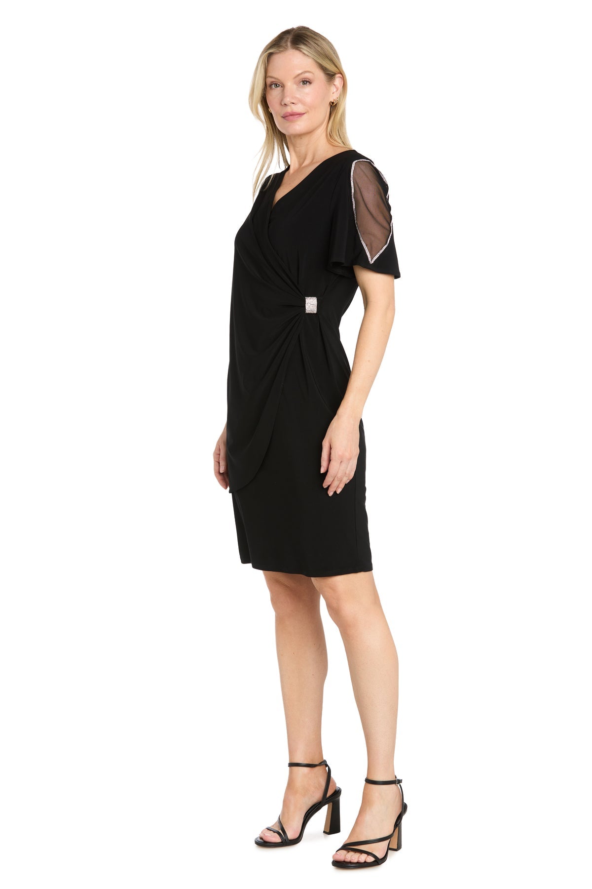 Black R&M Richards 5556 V-Neck Knee-Length Mesh Cocktail Dress Beaded