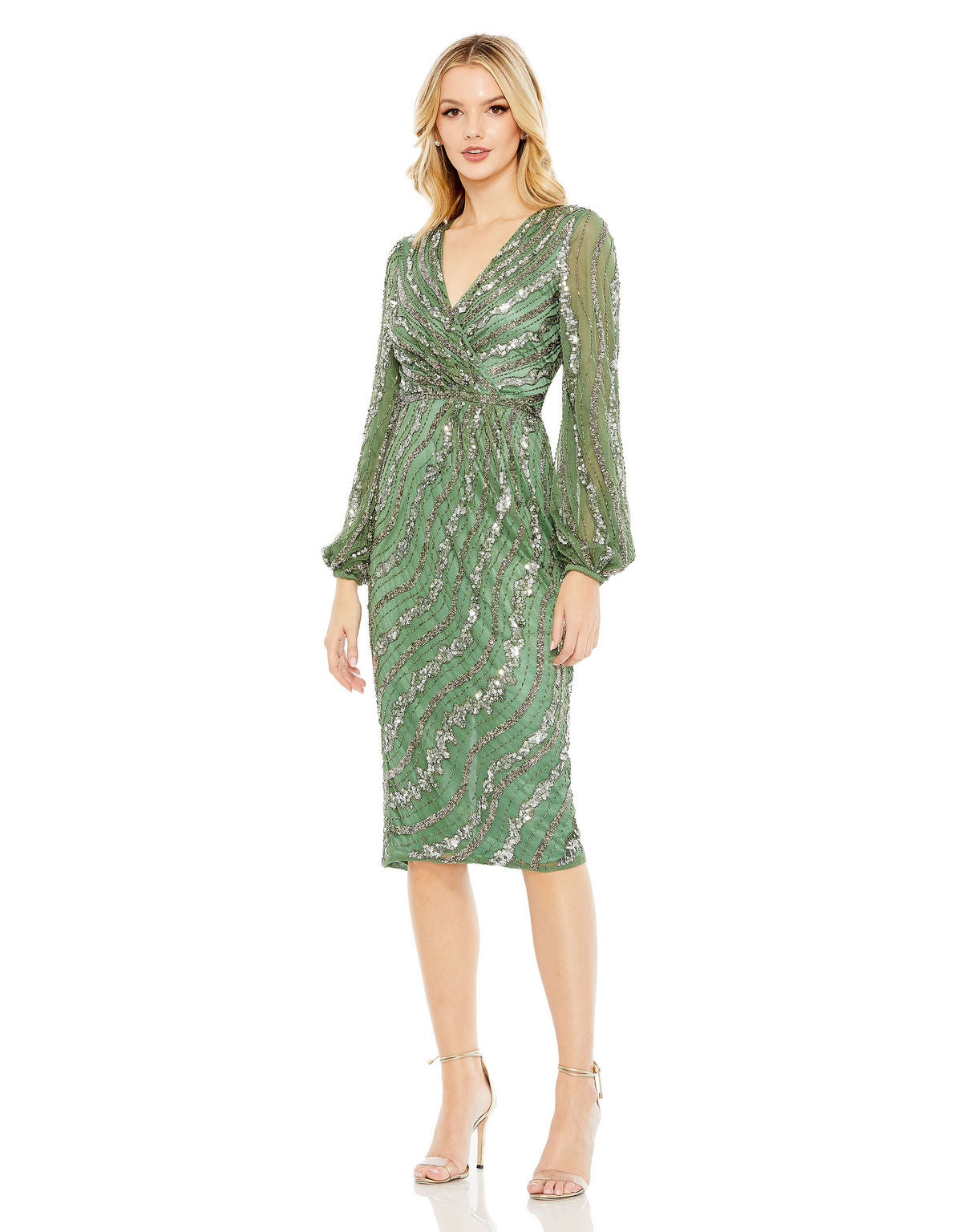 Cocktail Dresses Sequin Beaded Long Sleeve Cocktail Midi Dress Sage