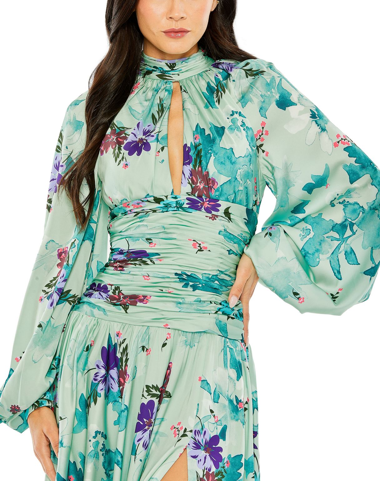 Formal Dresses Evening Slit Floral Tea Length Formal Dress Sage Multi