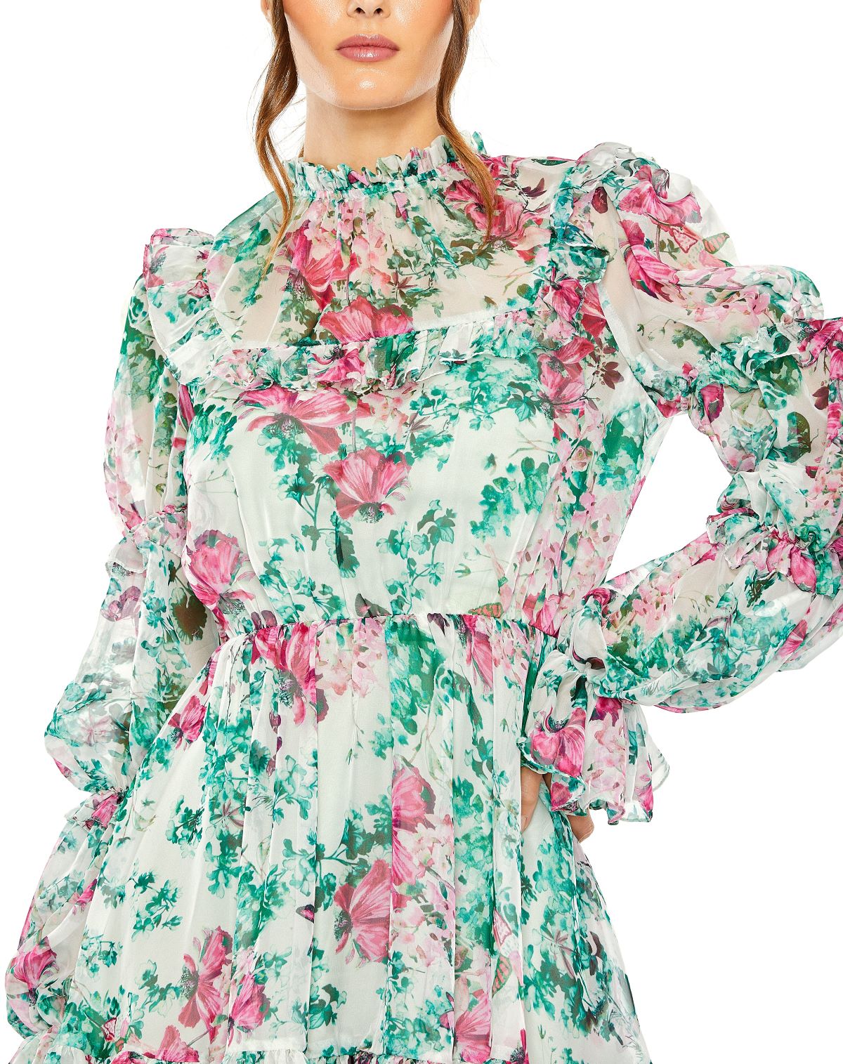 Cocktail Dresses Floral Long Sleeve Ruffle Cocktail Mini Dress Green Multi