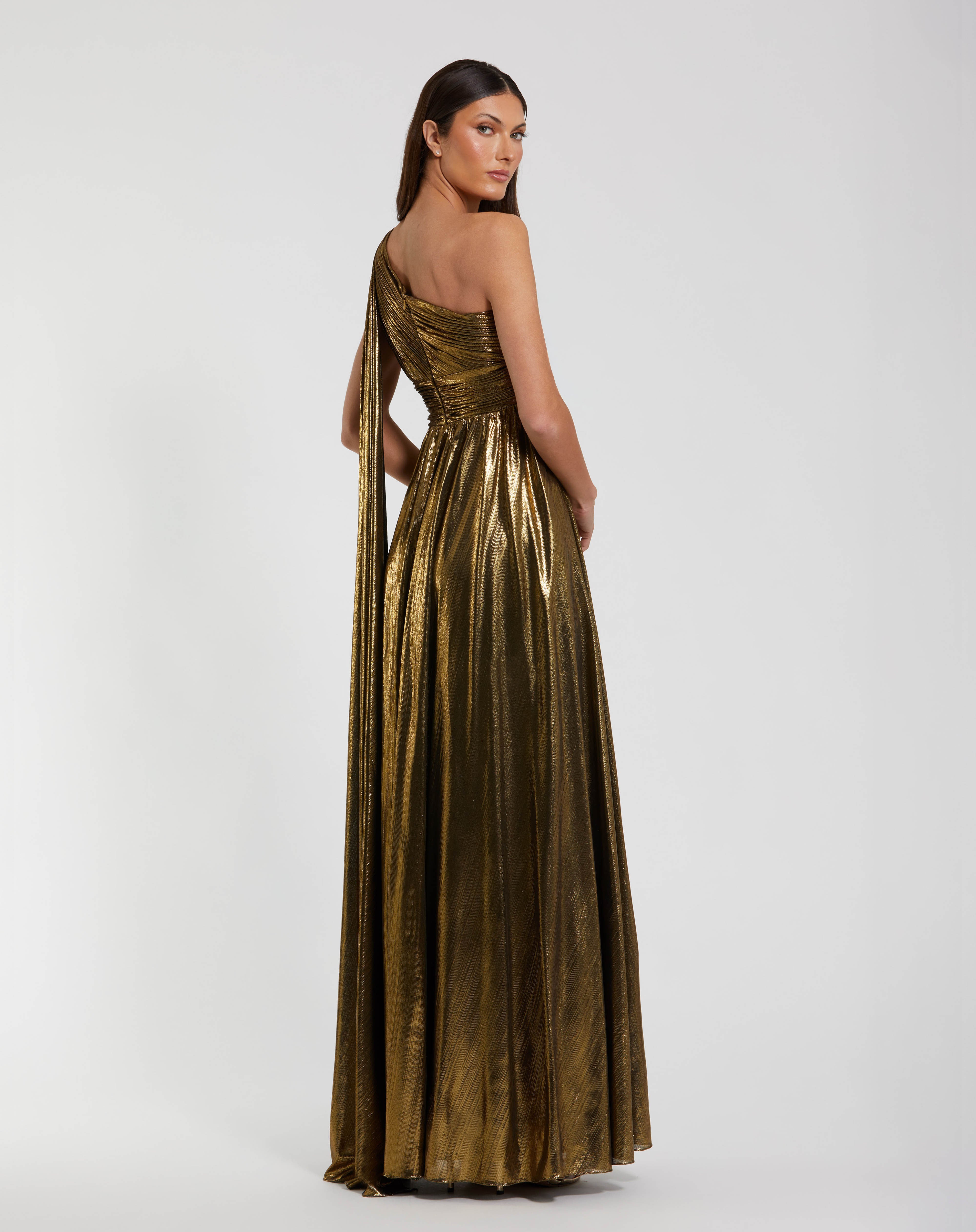 Gold One-Shoulder Floor-Length Metallic Pleated Prom High Slit Mac Duggal 56086