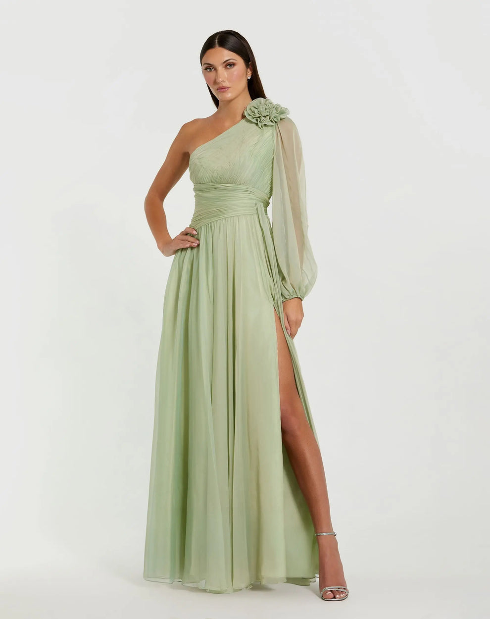 One Shoulder Long Chiffon Formal Dress by Mac Duggal 56142 in Sage