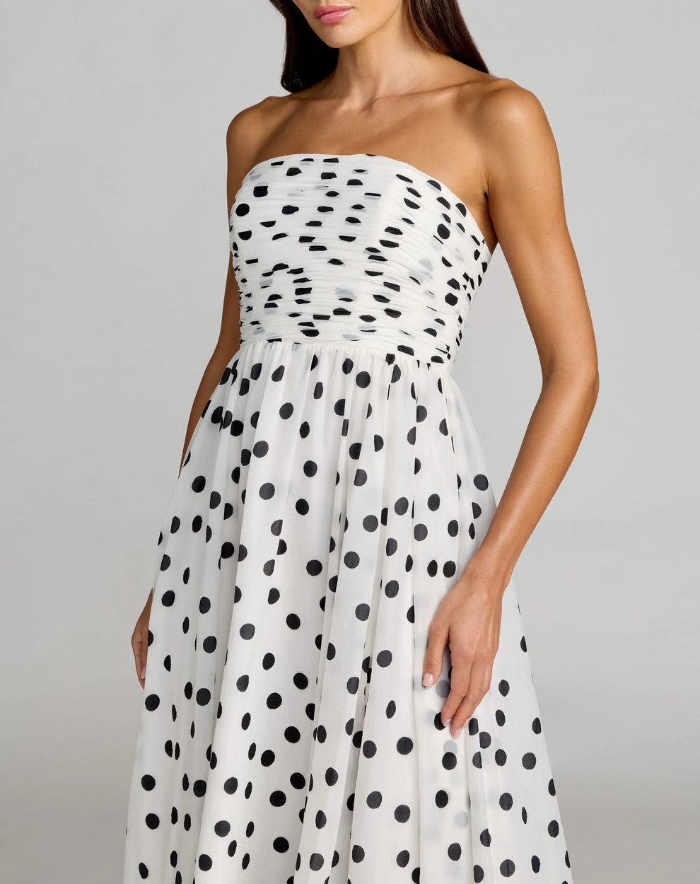 Strapless Long Polka Dot Prom Dress by Mac Duggal 56248 in Black Ivory