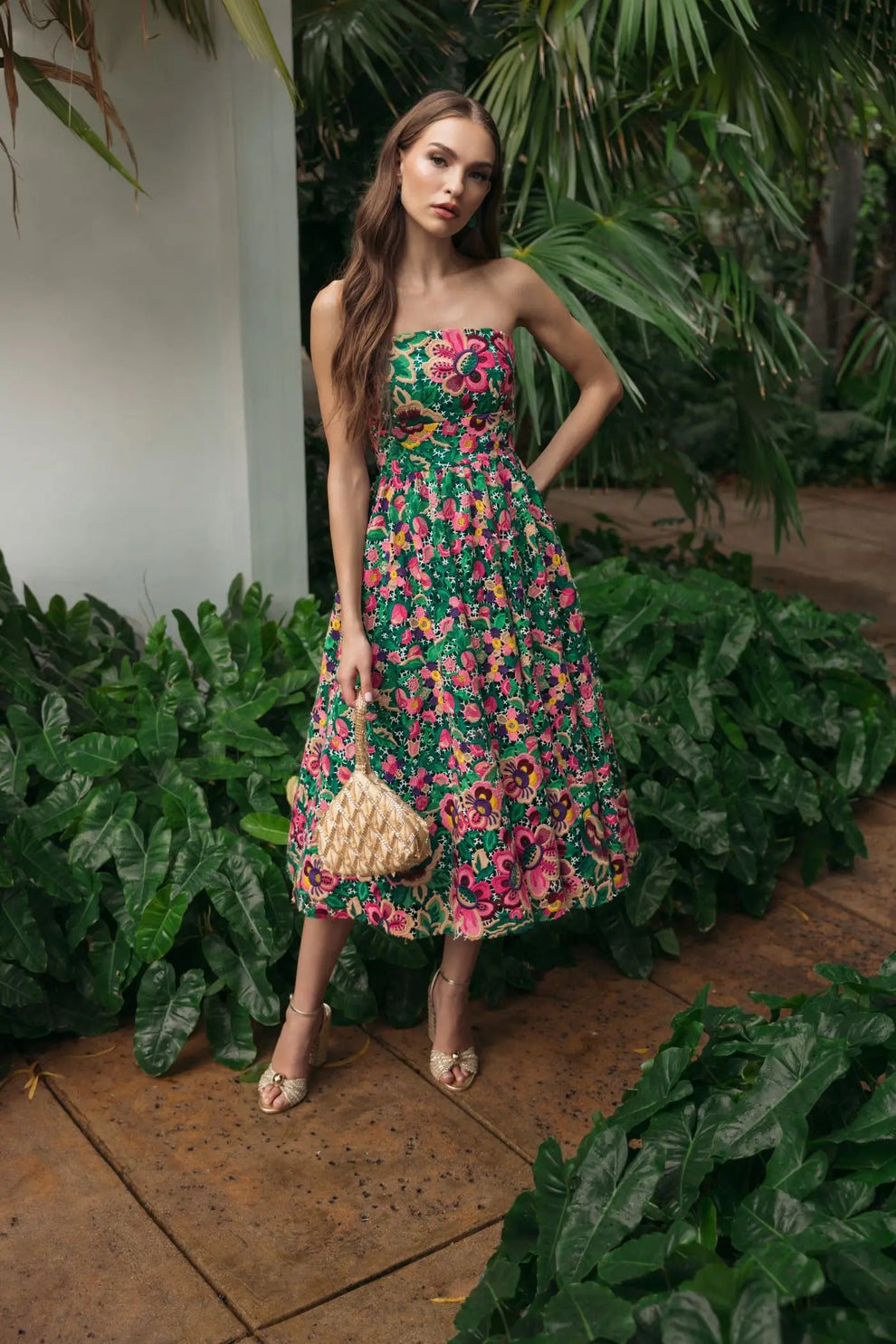 Strapless Tea-Length Floral Cocktail Dress by Mac Duggal 56265 in Green Multi
