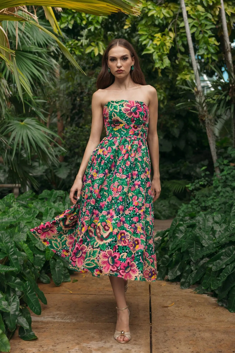 Strapless Tea-Length Floral Cocktail Dress by Mac Duggal 56265 in Green Multi
