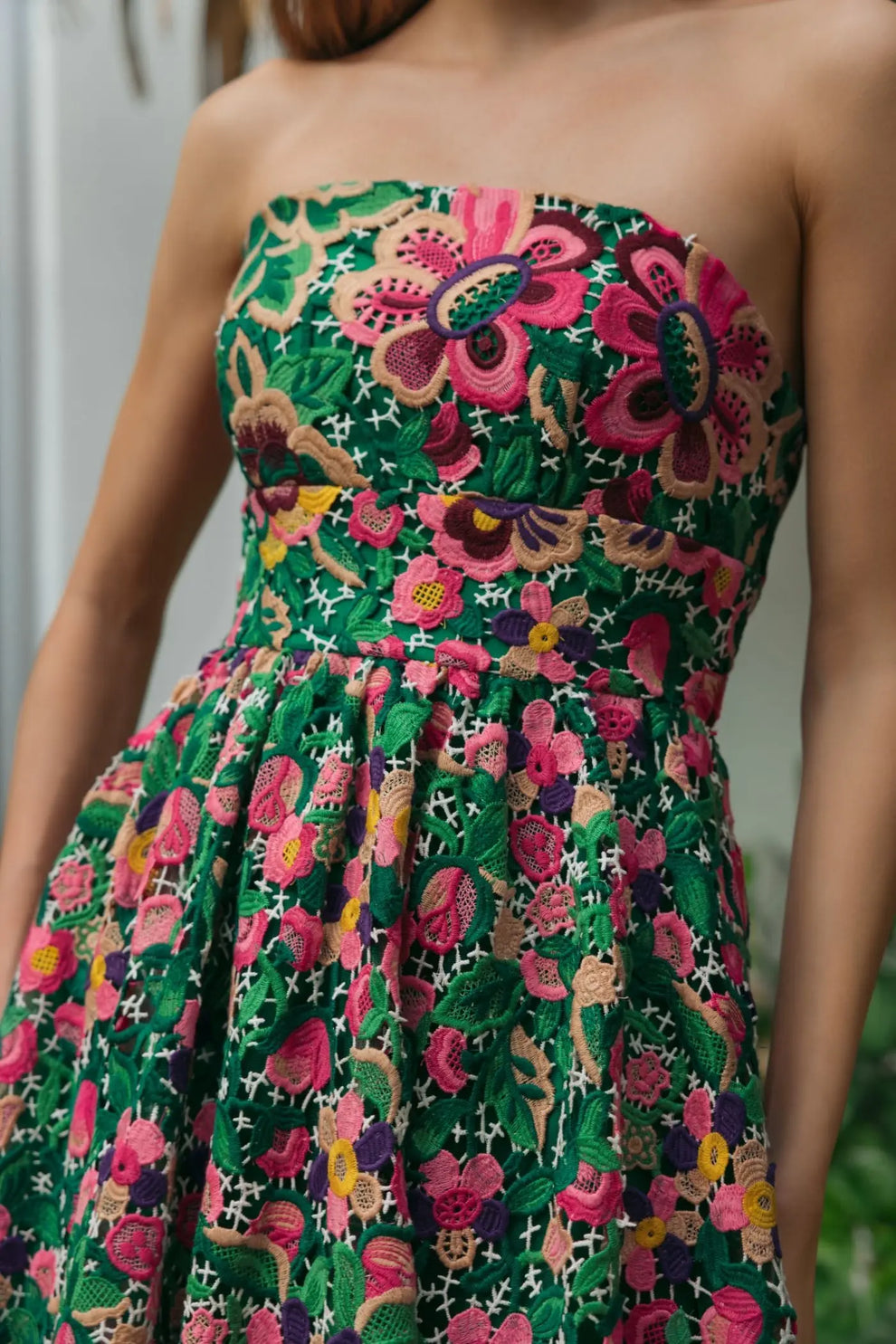 Strapless Tea-Length Floral Cocktail Dress by Mac Duggal 56265 in Green Multi