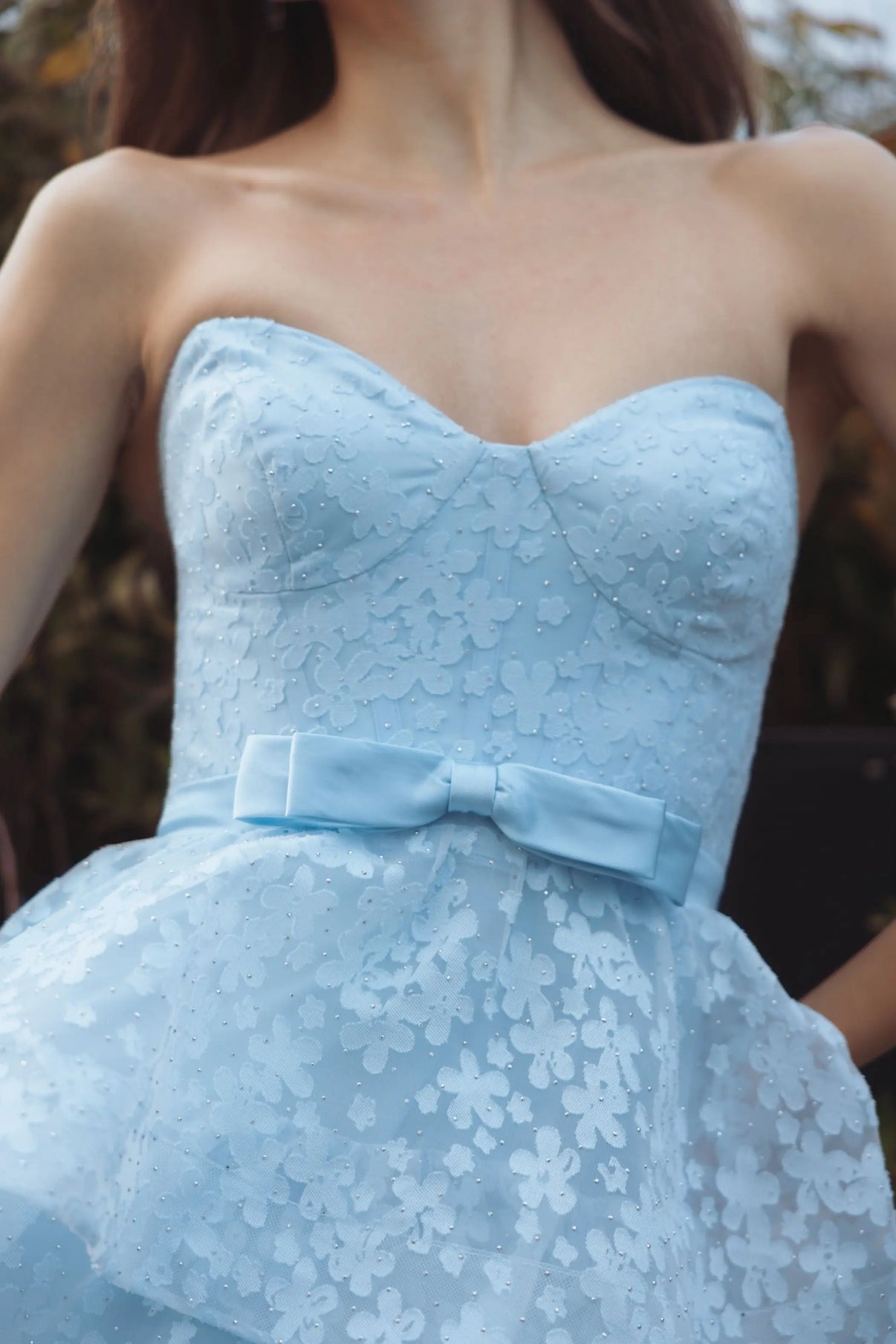 Strapless Tiered Floral Organza Ball Gown by Mac Duggal 56298 in Powder Blue