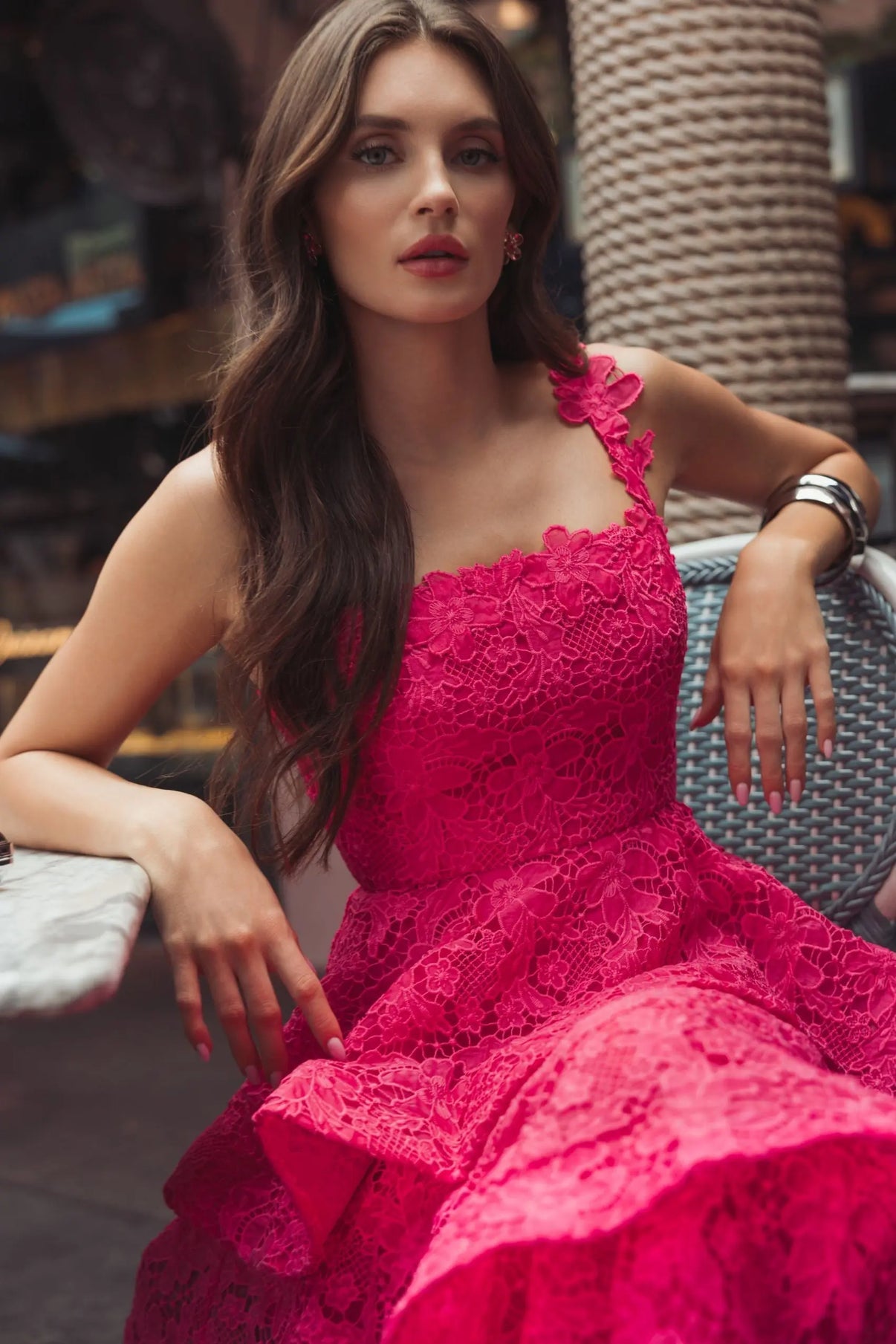 Square Neck Midi Lace Cocktail Dress by Mac Duggal 56322 in Hot Pink