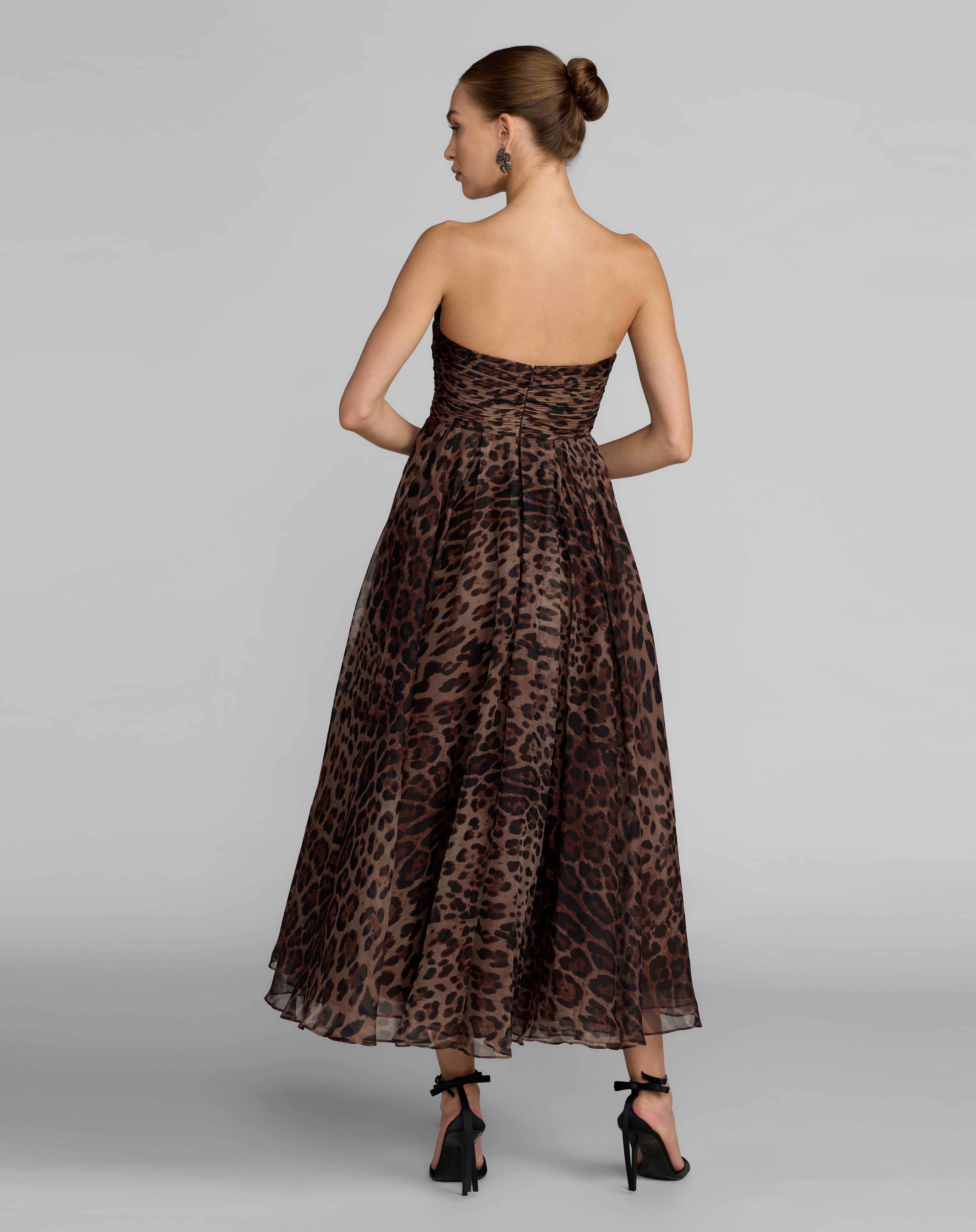 Leopard Strapless Midi Chiffon Cocktail Animal Print A-Line Dress Mac Duggal 56350