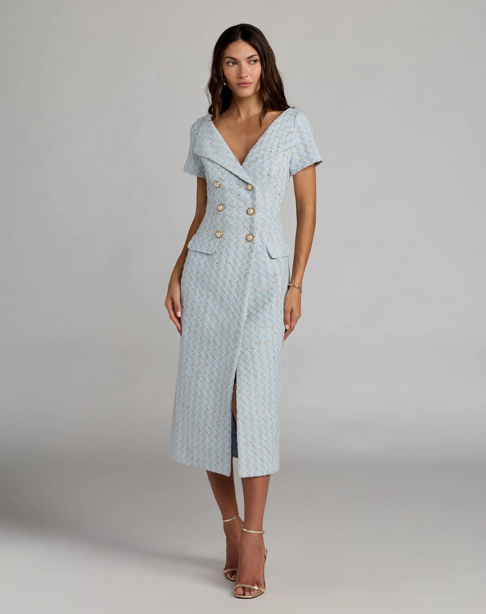 V-Neck Midi Tweed Cocktail Dress by Mac Duggal 56374 in Powder Blue