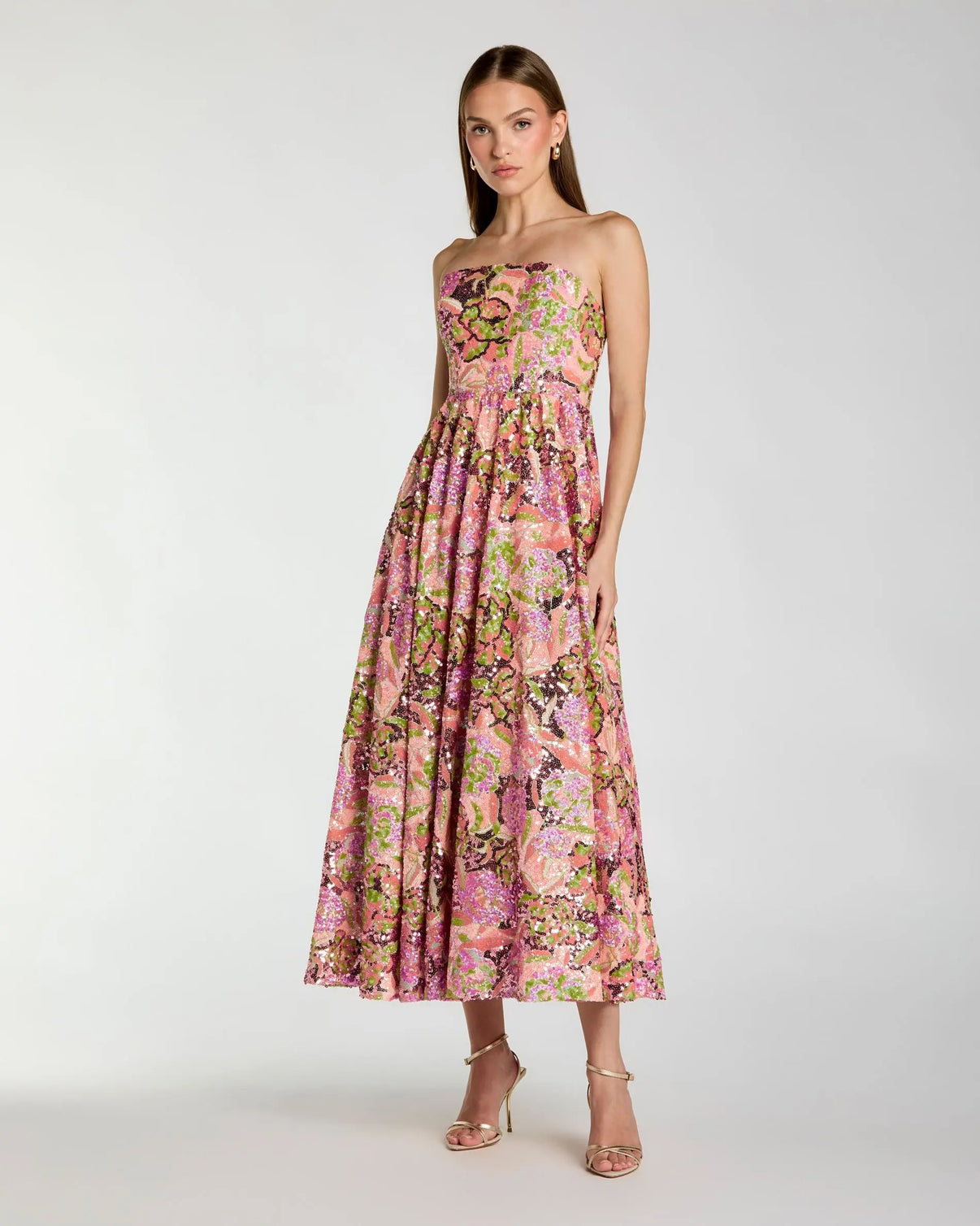 Strapless Tea-Length Floral Cocktail Dress by Mac Duggal 56386 in Orchid Multi