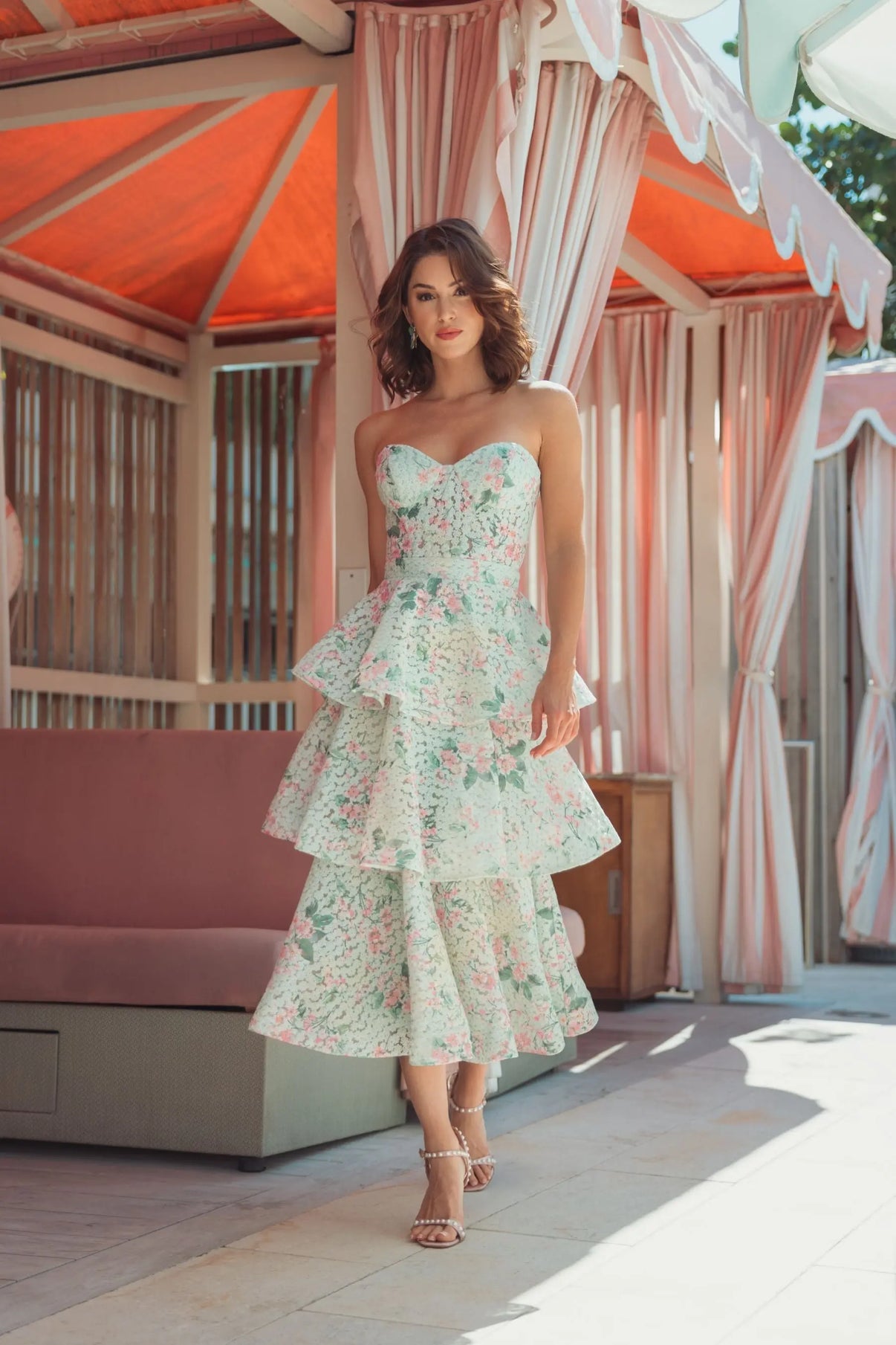Strapless Tiered Floral Cocktail Dress by Mac Duggal 56389 in Mint Multi