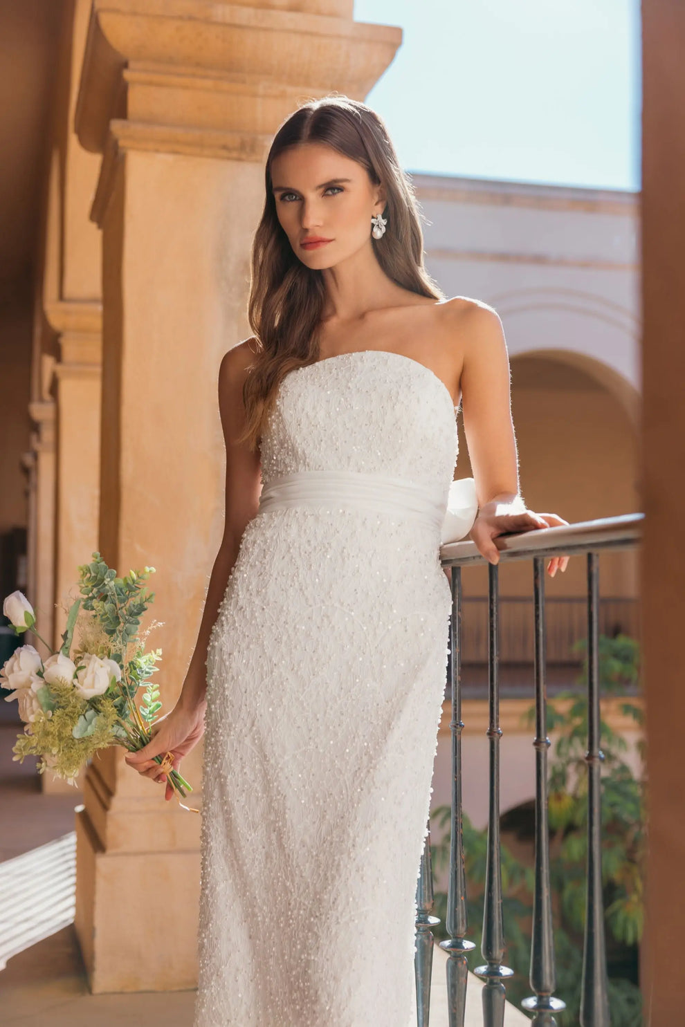 Strapless Tea-Length Sequin Wedding Dress by Mac Duggal 56416 in Ivory